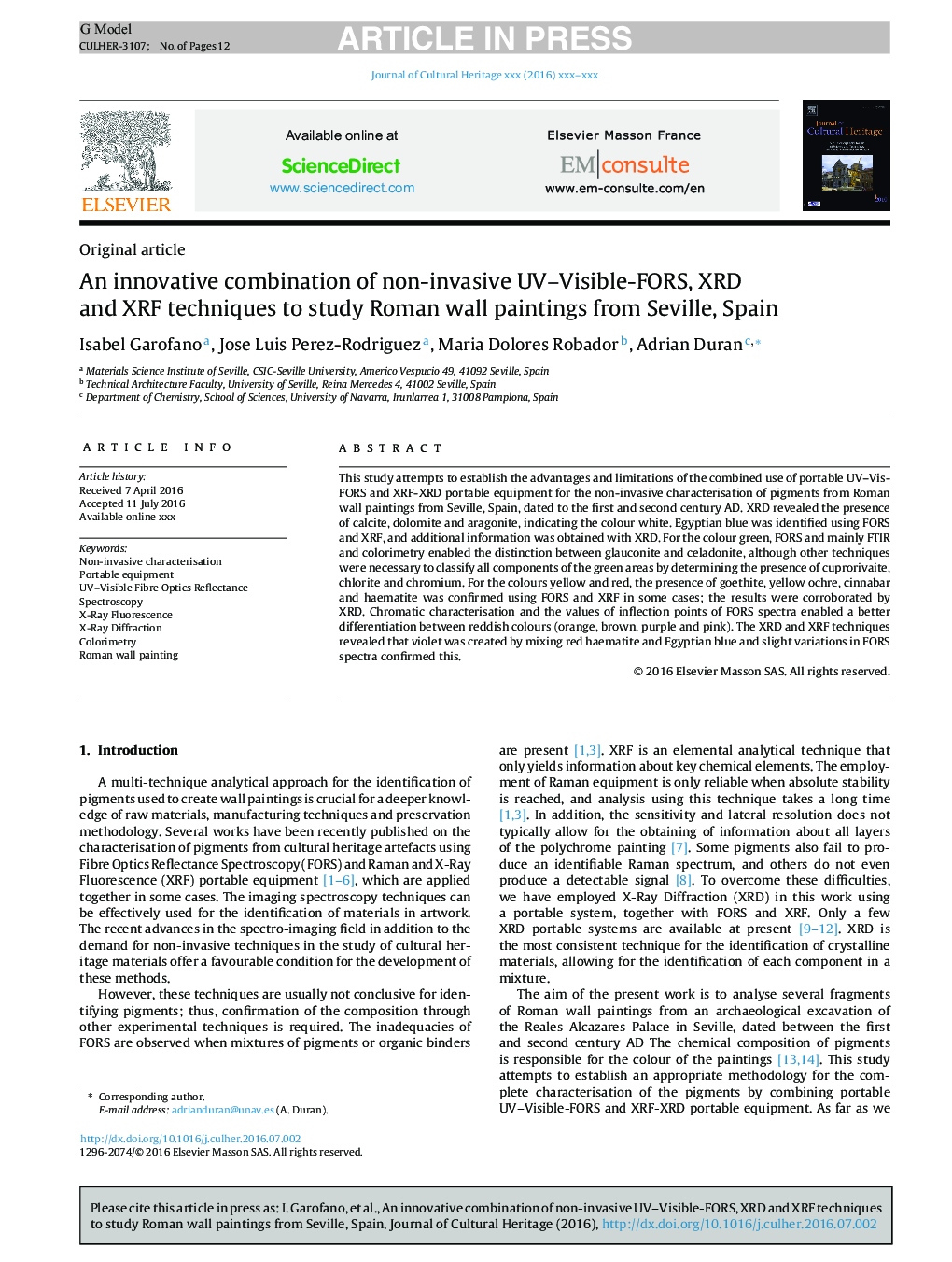An innovative combination of non-invasive UV-Visible-FORS, XRD and XRF techniques to study Roman wall paintings from Seville, Spain