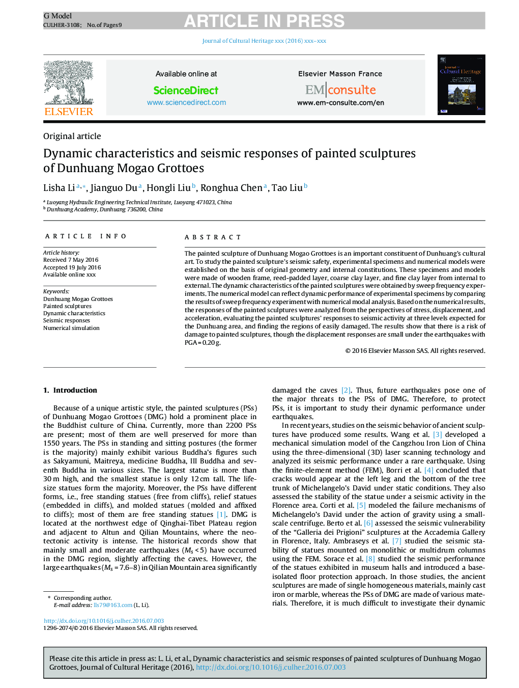 Dynamic characteristics and seismic responses of painted sculptures of Dunhuang Mogao Grottoes