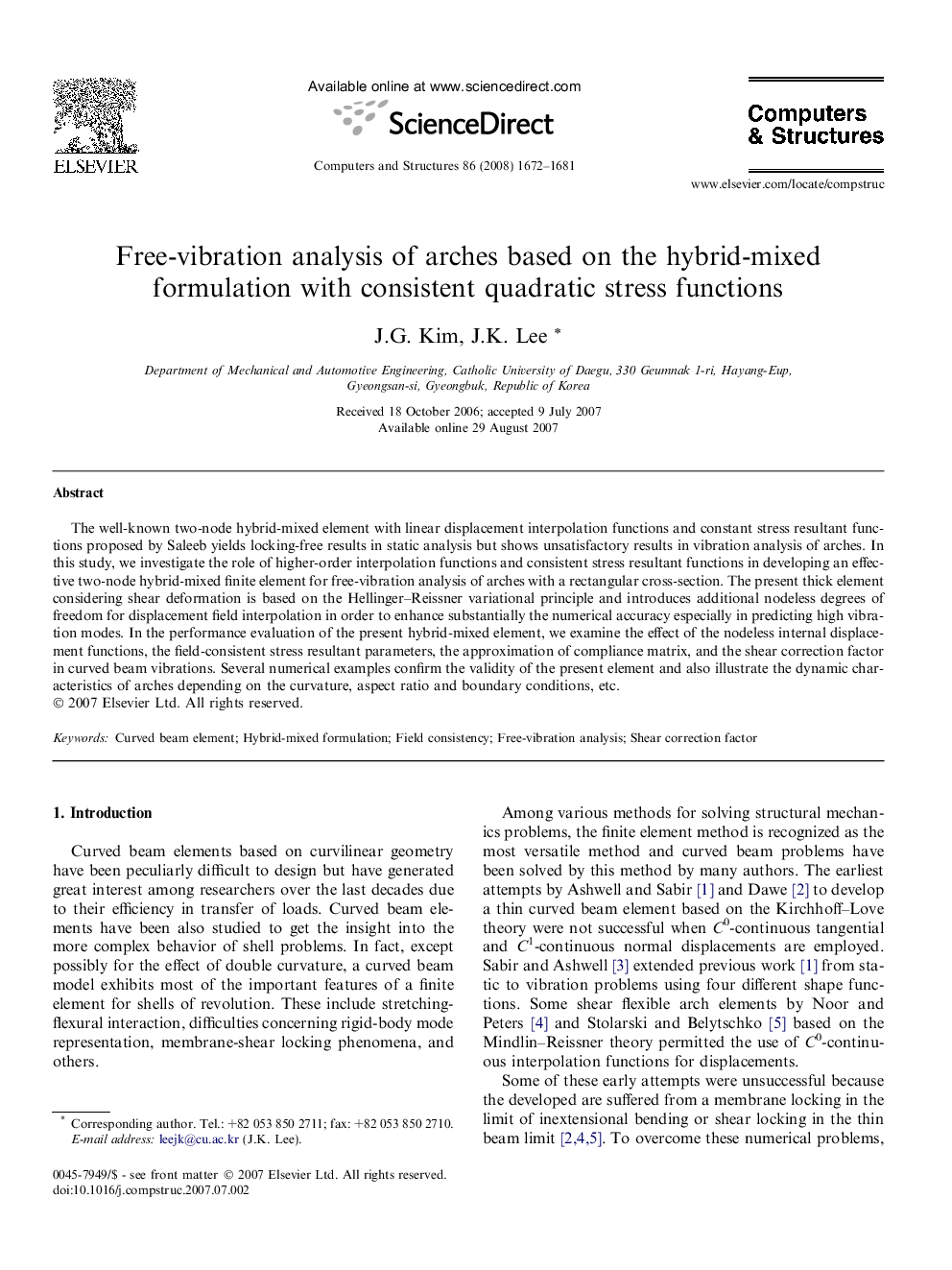 Free-vibration analysis of arches based on the hybrid-mixed formulation with consistent quadratic stress functions