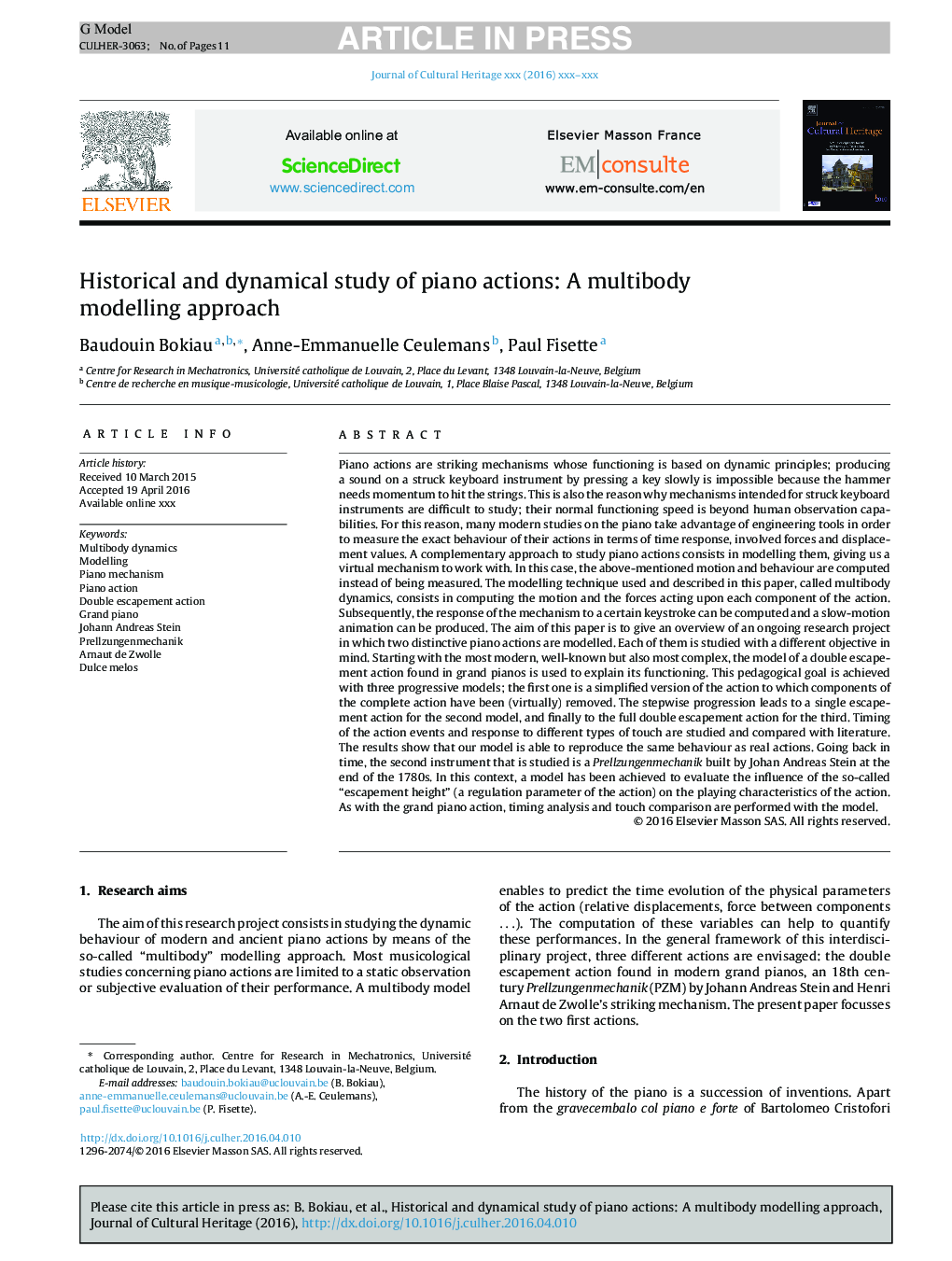 Historical and dynamical study of piano actions: A multibody modelling approach