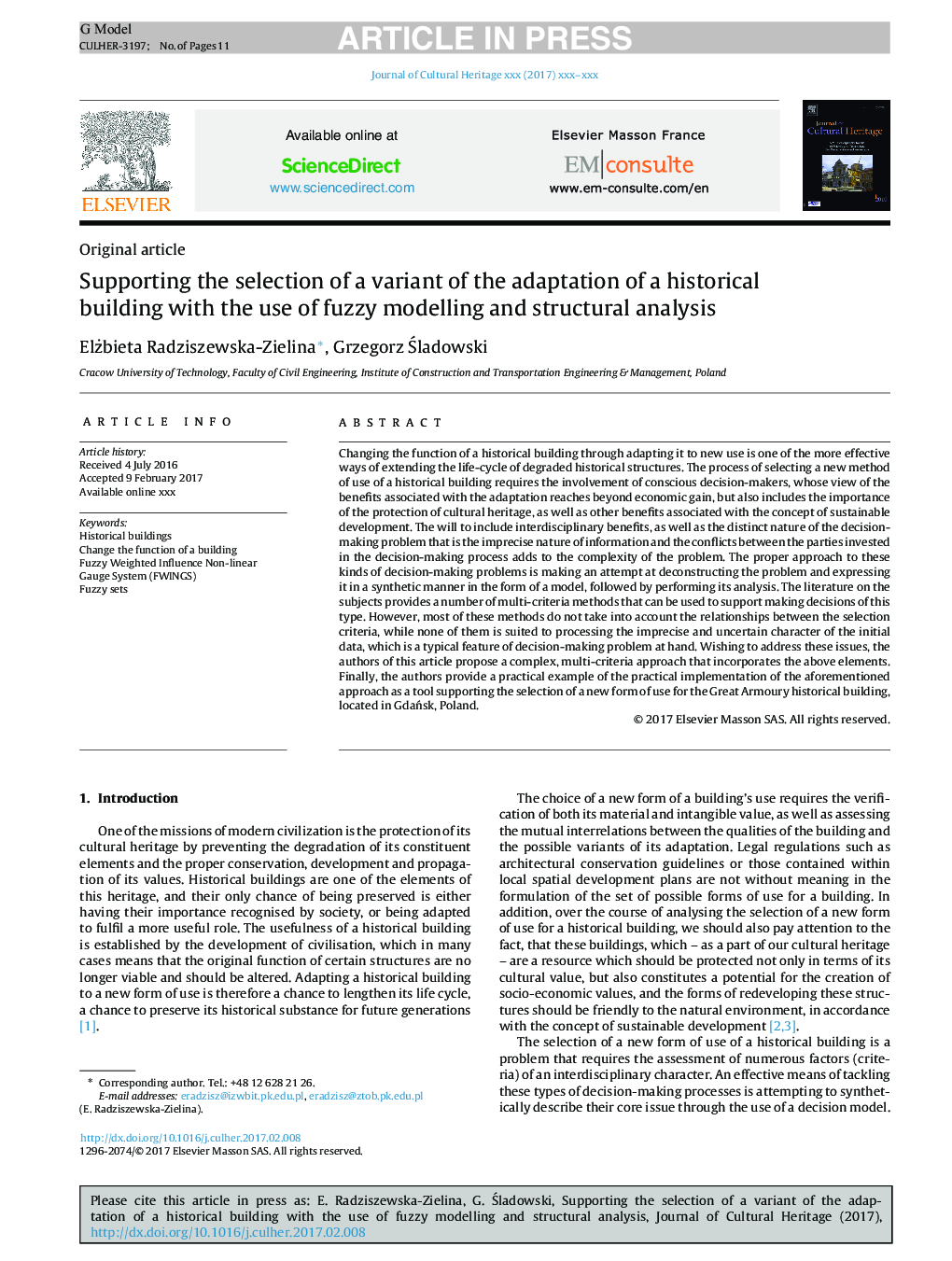 Supporting the selection of a variant of the adaptation of a historical building with the use of fuzzy modelling and structural analysis