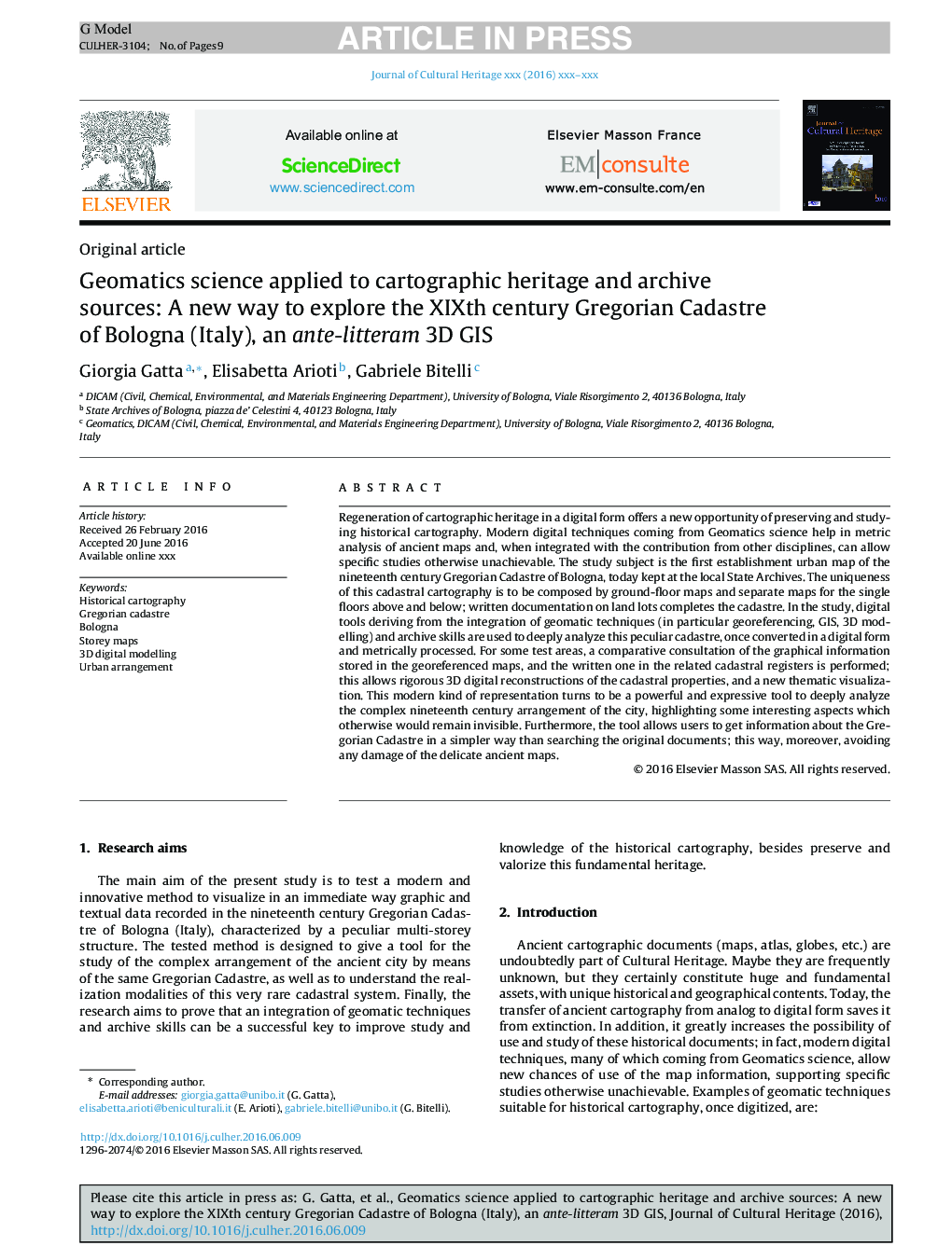 Geomatics science applied to cartographic heritage and archive sources: A new way to explore the XIXth century Gregorian Cadastre of Bologna (Italy), an ante-litteram 3D GIS