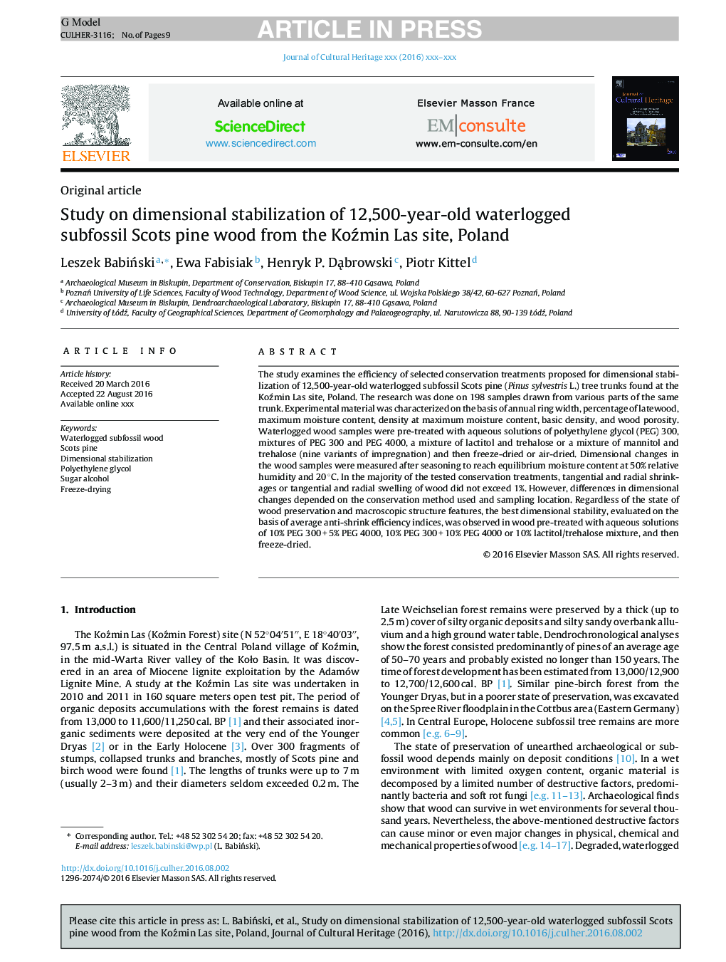 Study on dimensional stabilization of 12,500-year-old waterlogged subfossil Scots pine wood from the KoÅºmin Las site, Poland