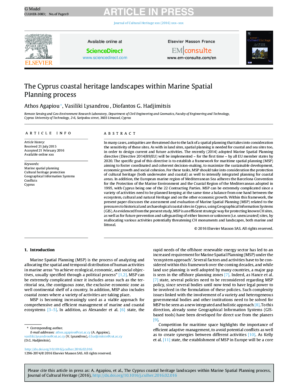 The Cyprus coastal heritage landscapes within Marine Spatial Planning process