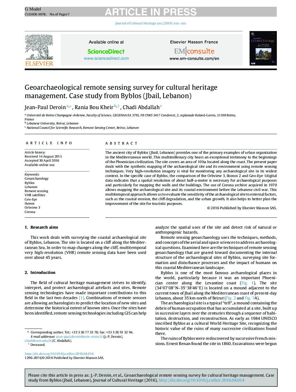 Geoarchaeological remote sensing survey for cultural heritage management. Case study from Byblos (Jbail, Lebanon)