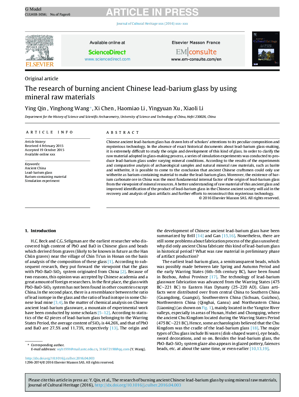 The research of burning ancient Chinese lead-barium glass by using mineral raw materials