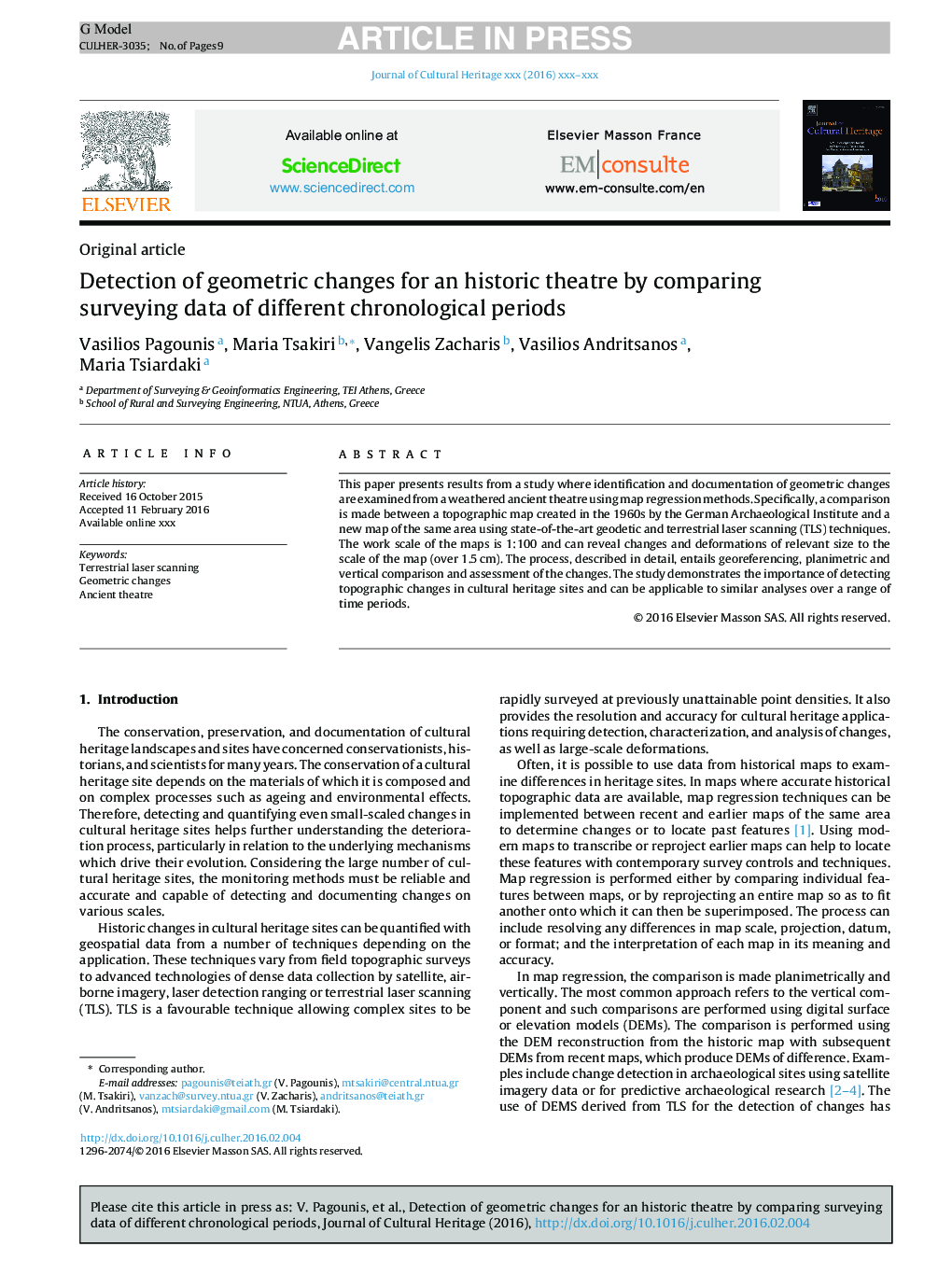 Detection of geometric changes for an historic theatre by comparing surveying data of different chronological periods