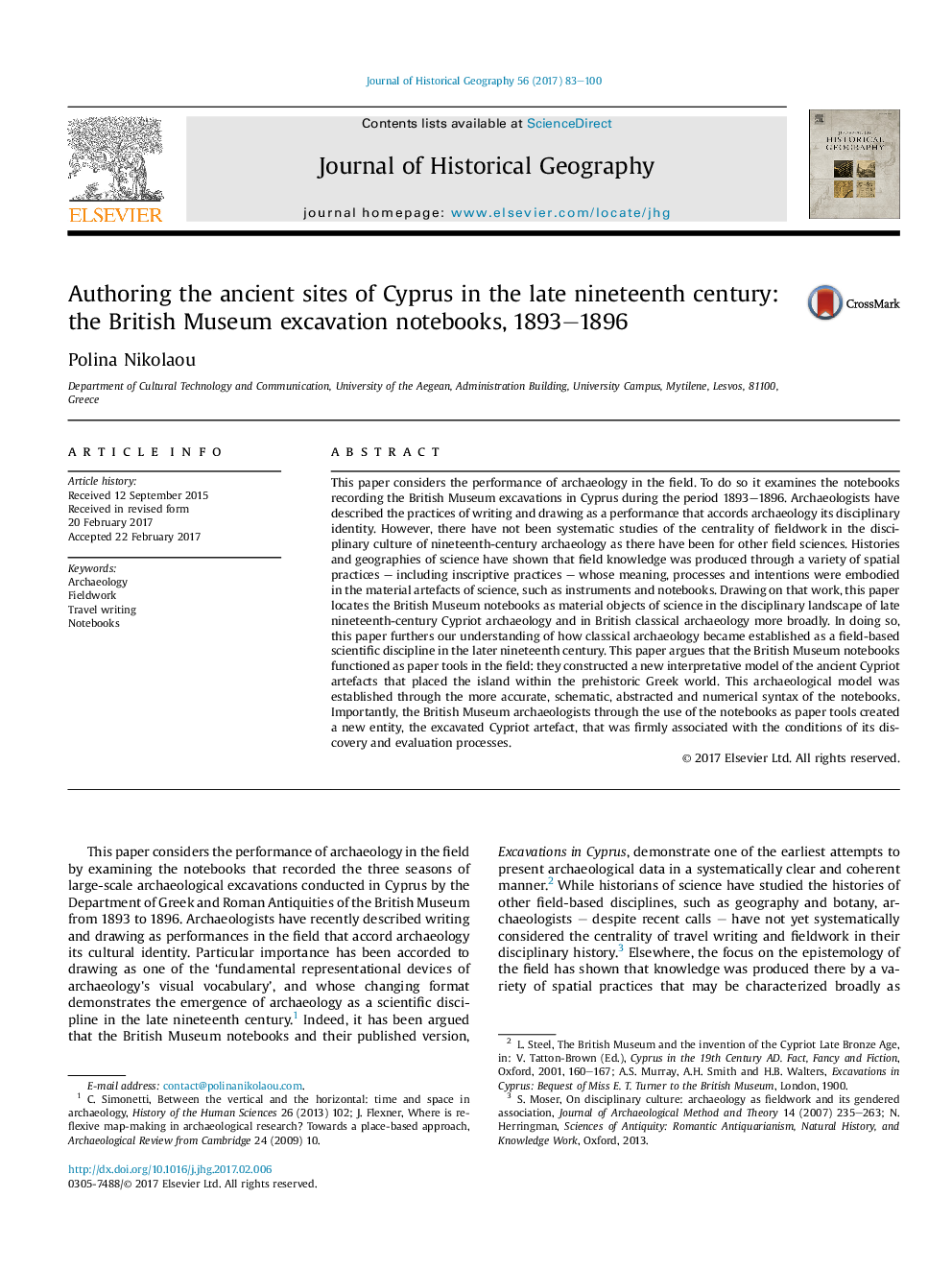 Authoring the ancient sites of Cyprus in the late nineteenth century: the British Museum excavation notebooks, 1893-1896