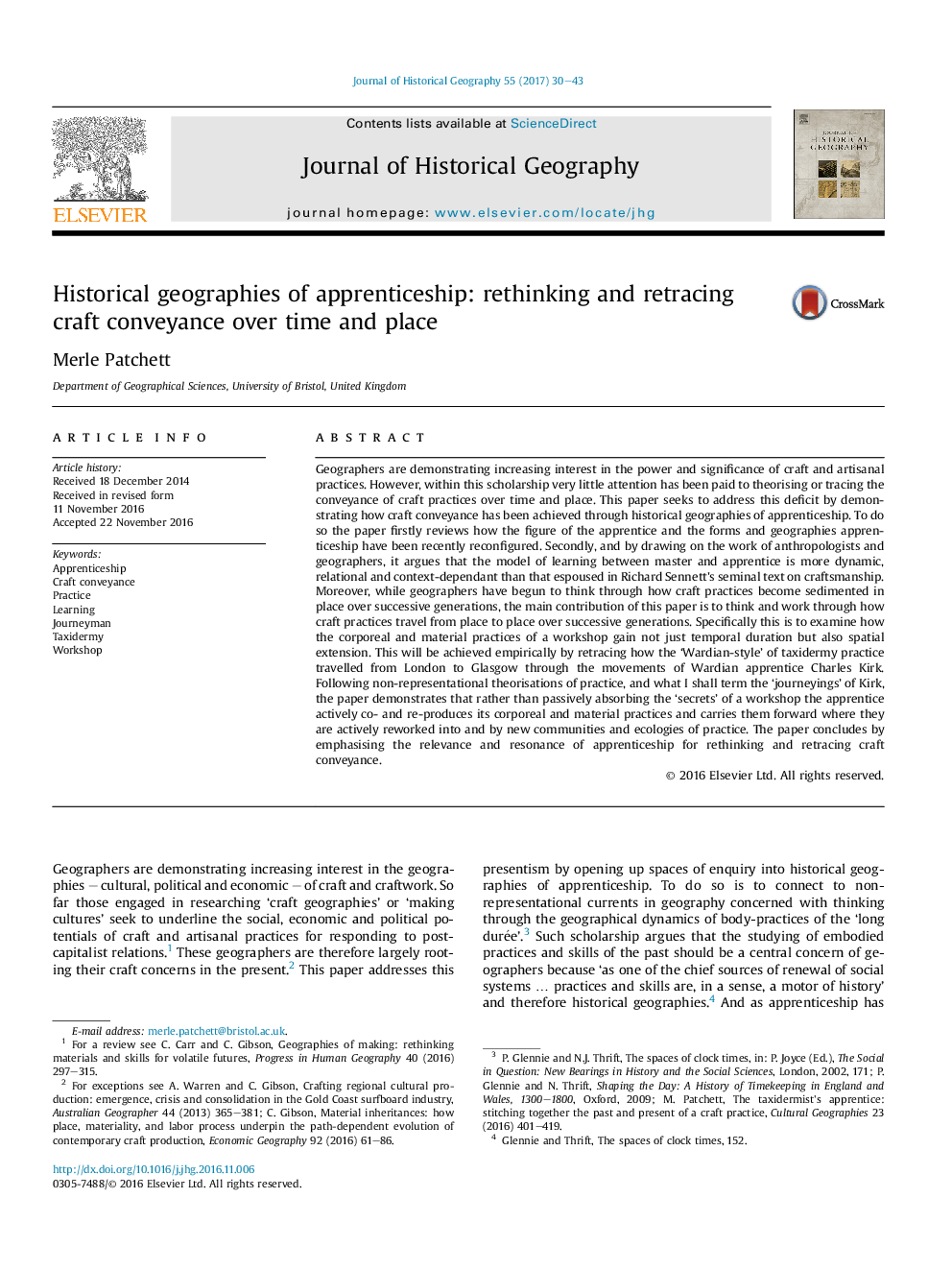 Historical geographies of apprenticeship: rethinking and retracing craft conveyance over time and place