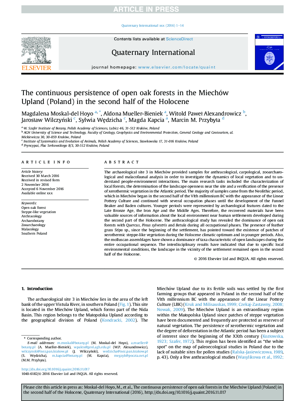 The continuous persistence of open oak forests in the Miechów Upland (Poland) in the second half of the Holocene