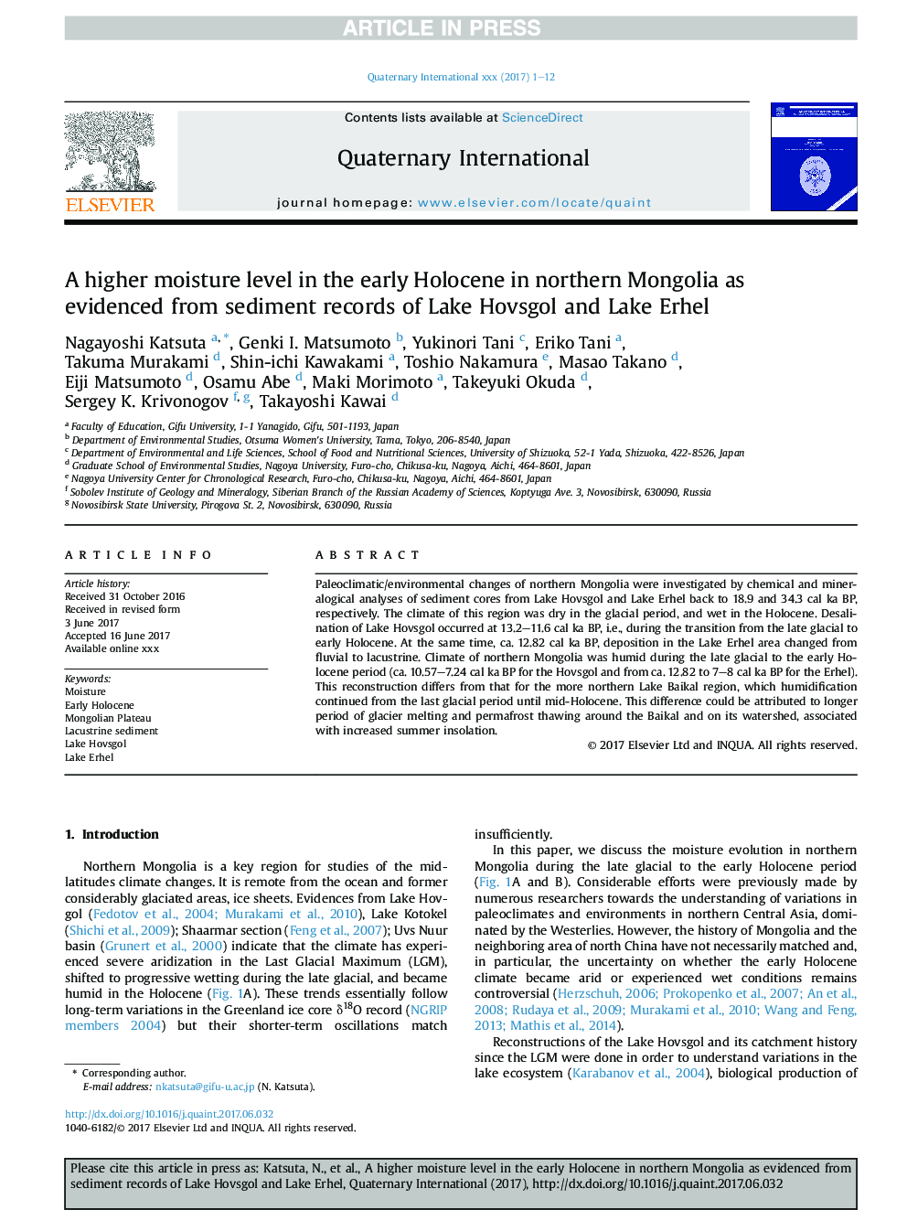 A higher moisture level in the early Holocene in northern Mongolia as evidenced from sediment records of Lake Hovsgol and Lake Erhel