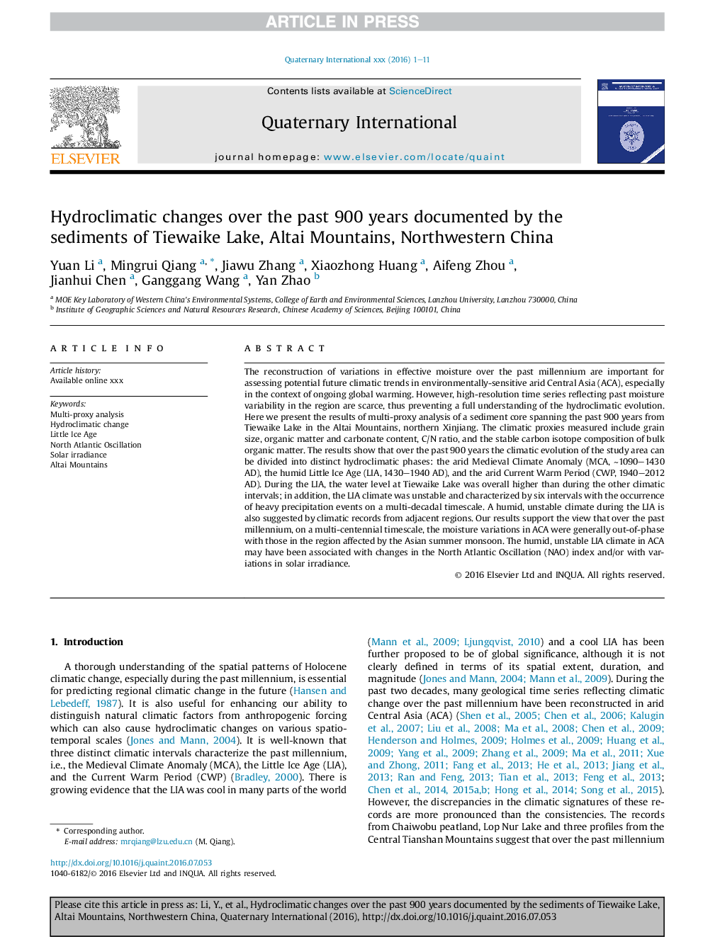 Hydroclimatic changes over the past 900 years documented by the sediments of Tiewaike Lake, Altai Mountains, Northwestern China