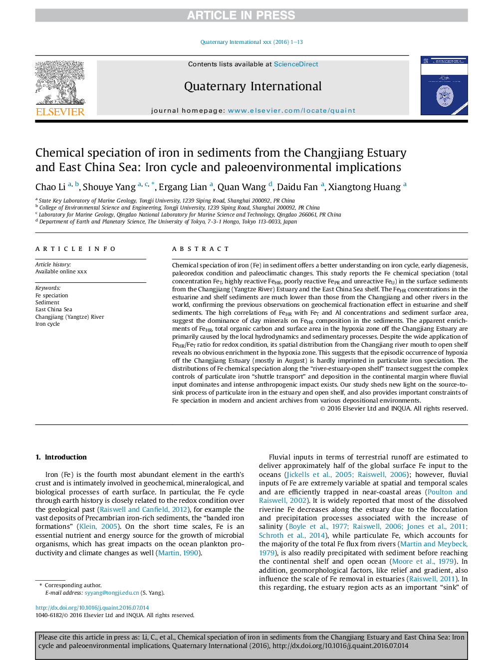 Chemical speciation of iron in sediments from the Changjiang Estuary and East China Sea: Iron cycle and paleoenvironmental implications