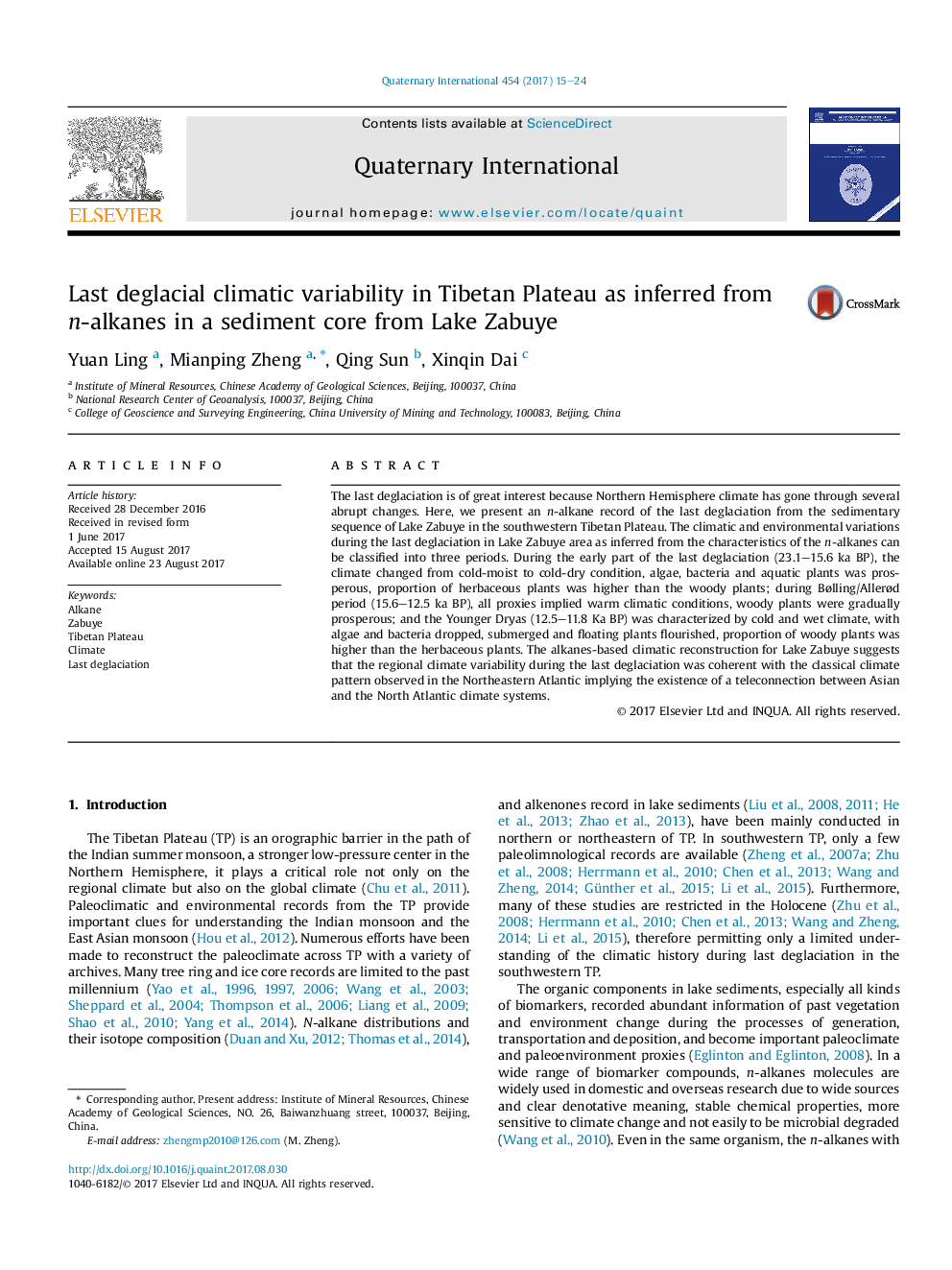 Last deglacial climatic variability in Tibetan Plateau as inferred from n-alkanes in a sediment core from Lake Zabuye