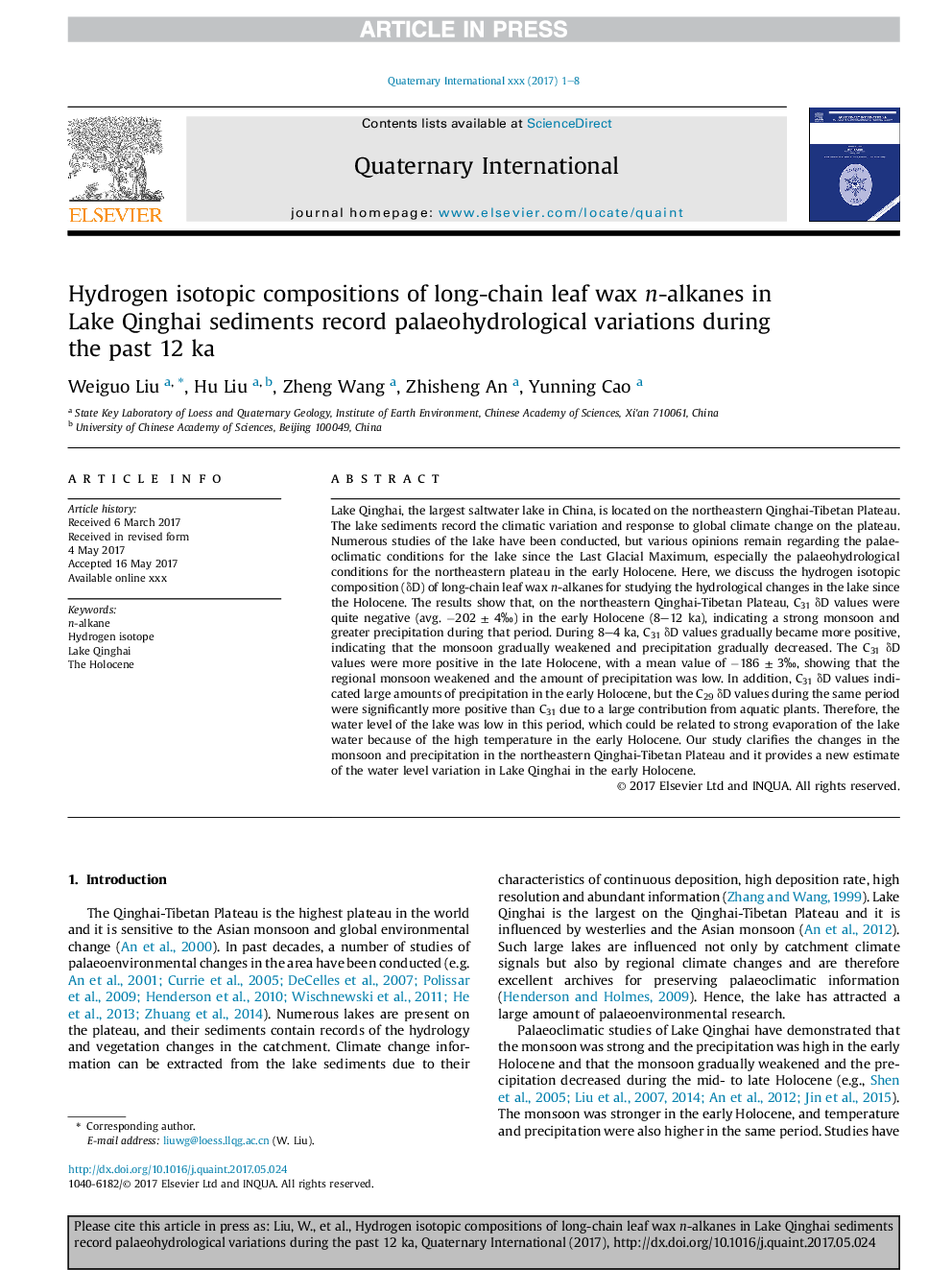 Hydrogen isotopic compositions of long-chain leaf wax n-alkanes in Lake Qinghai sediments record palaeohydrological variations during the past 12Â ka