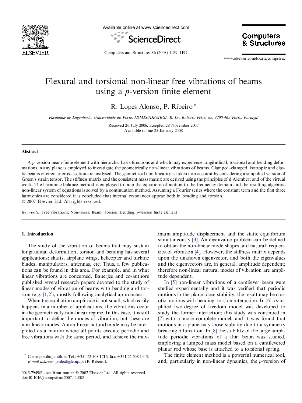 Flexural and torsional non-linear free vibrations of beams using a p-version finite element