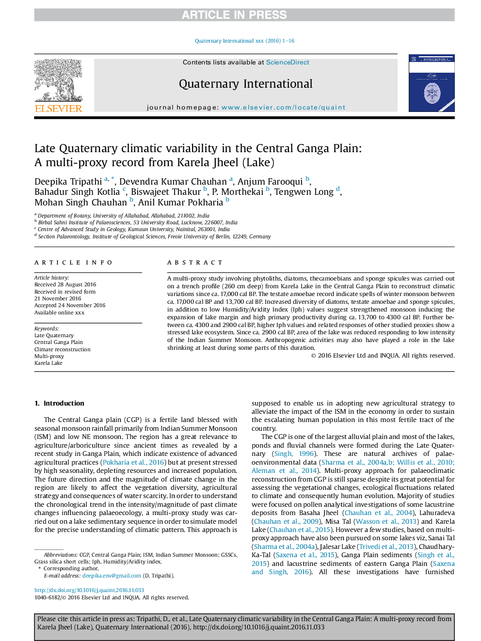 Late Quaternary climatic variability in the Central Ganga Plain: AÂ multi-proxy record from Karela Jheel (Lake)