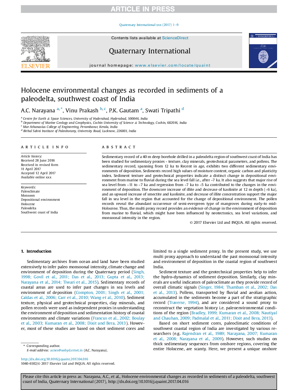 Holocene environmental changes as recorded in sediments of a paleodelta, southwest coast of India