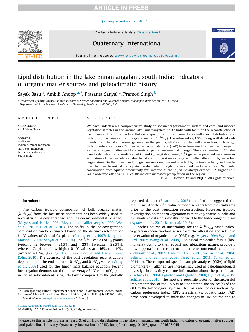 Lipid distribution in the lake Ennamangalam, south India: Indicators of organic matter sources and paleoclimatic history