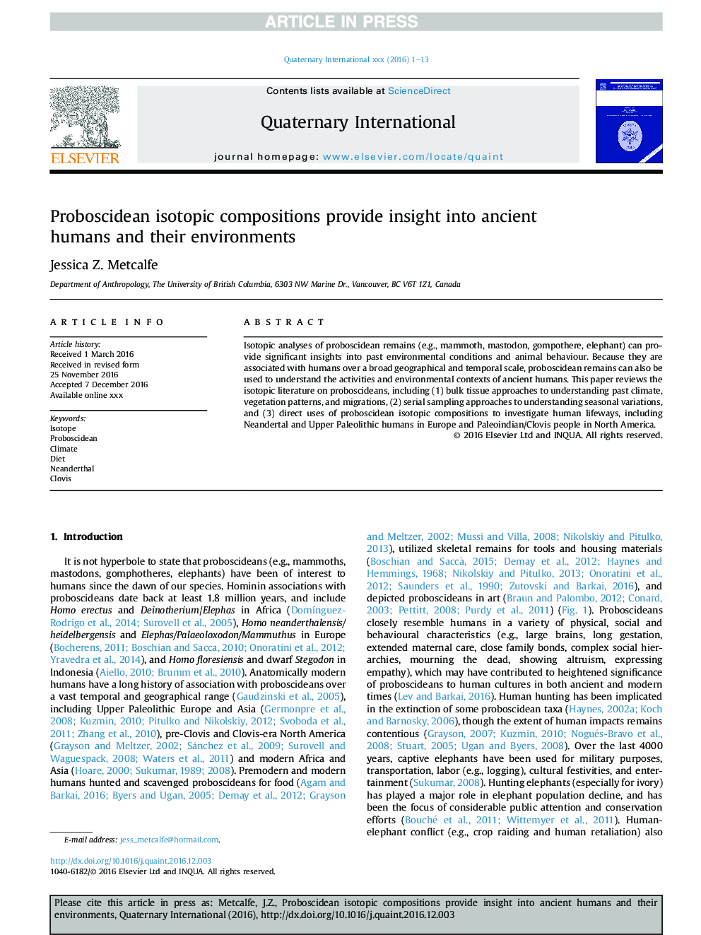 Proboscidean isotopic compositions provide insight into ancient humans and their environments