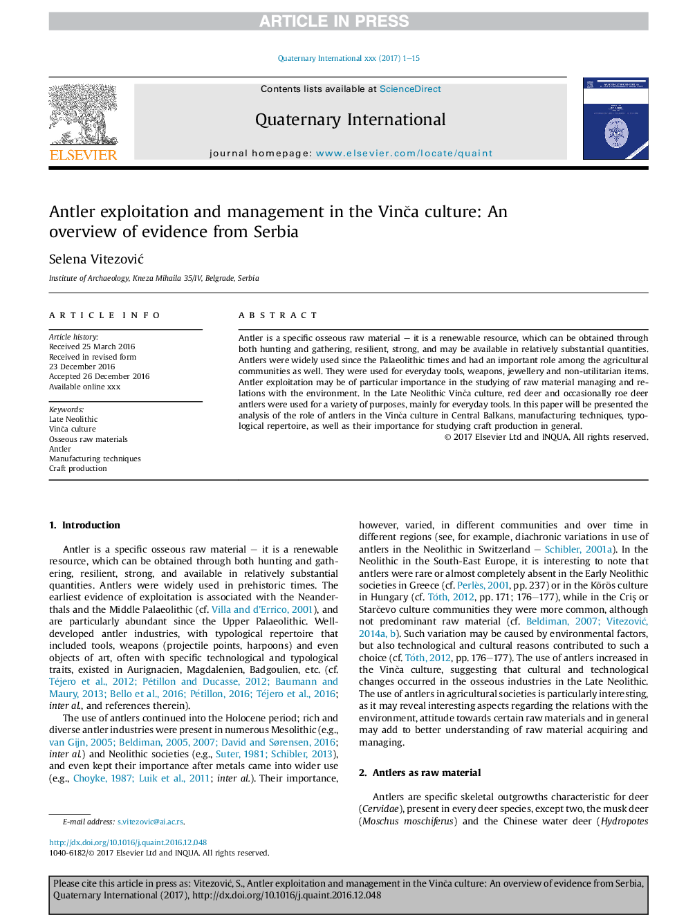 Antler exploitation and management in the VinÄa culture: An overview of evidence from Serbia