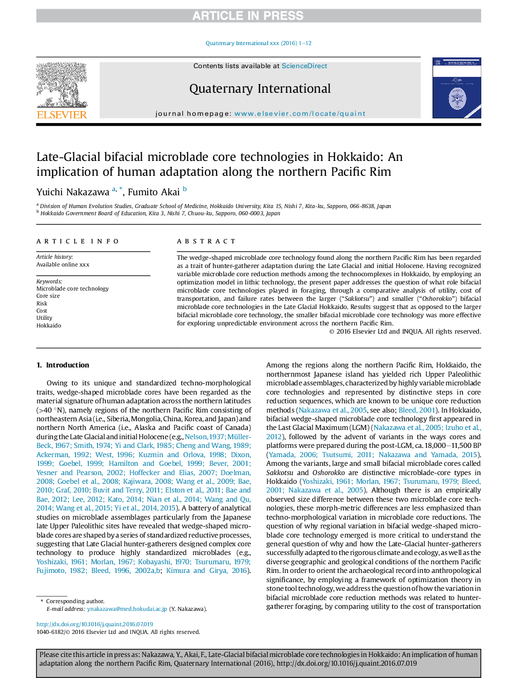 Late-Glacial bifacial microblade core technologies in Hokkaido: An implication of human adaptation along the northern Pacific Rim