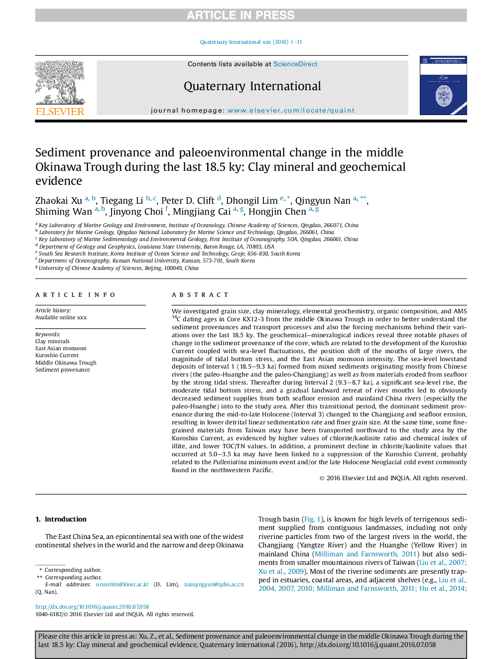 Sediment provenance and paleoenvironmental change in the middle Okinawa Trough during the last 18.5Â ky: Clay mineral and geochemical evidence