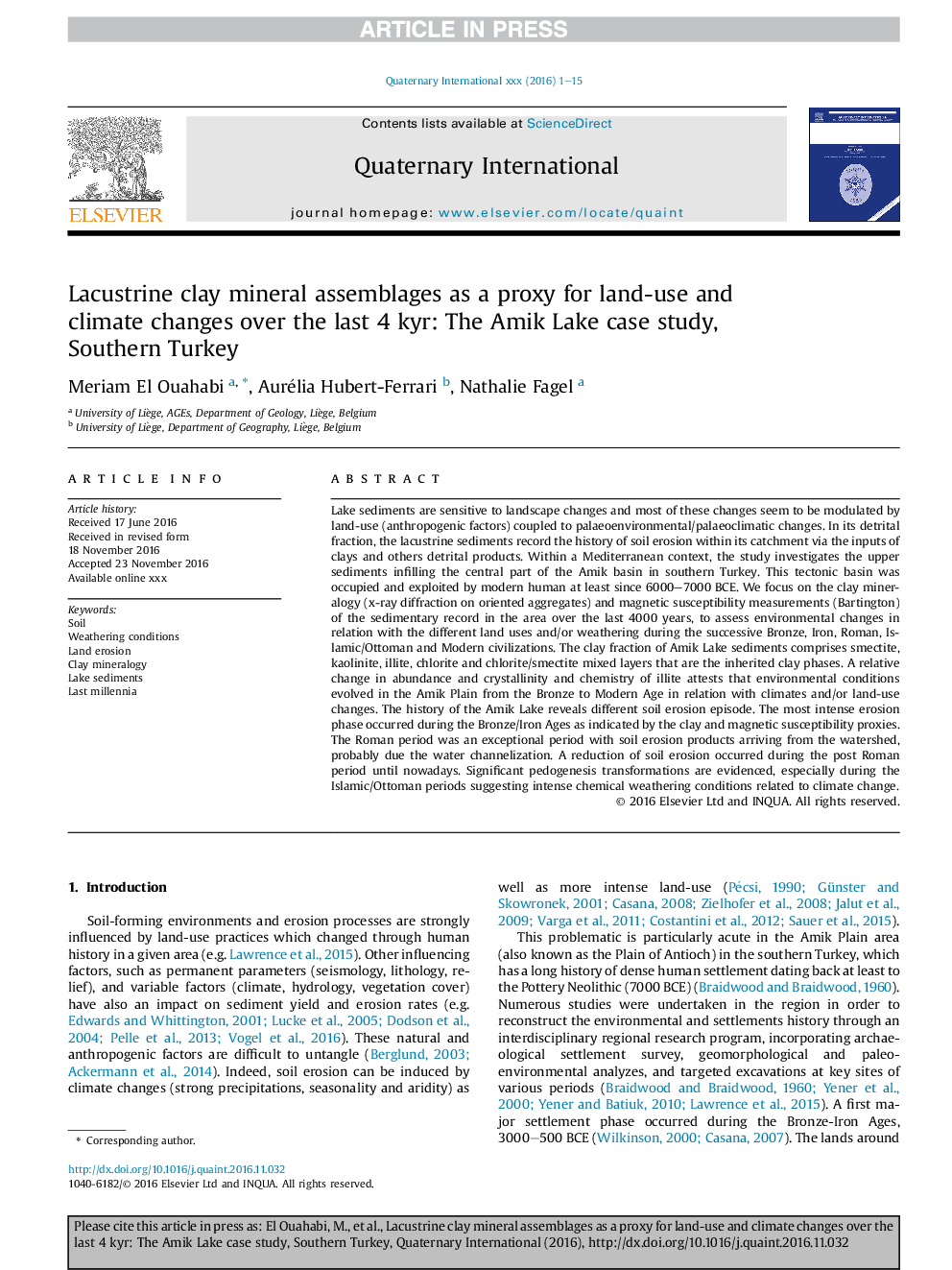 Lacustrine clay mineral assemblages as a proxy for land-use and climate changes over the last 4 kyr: The Amik Lake case study, Southern Turkey