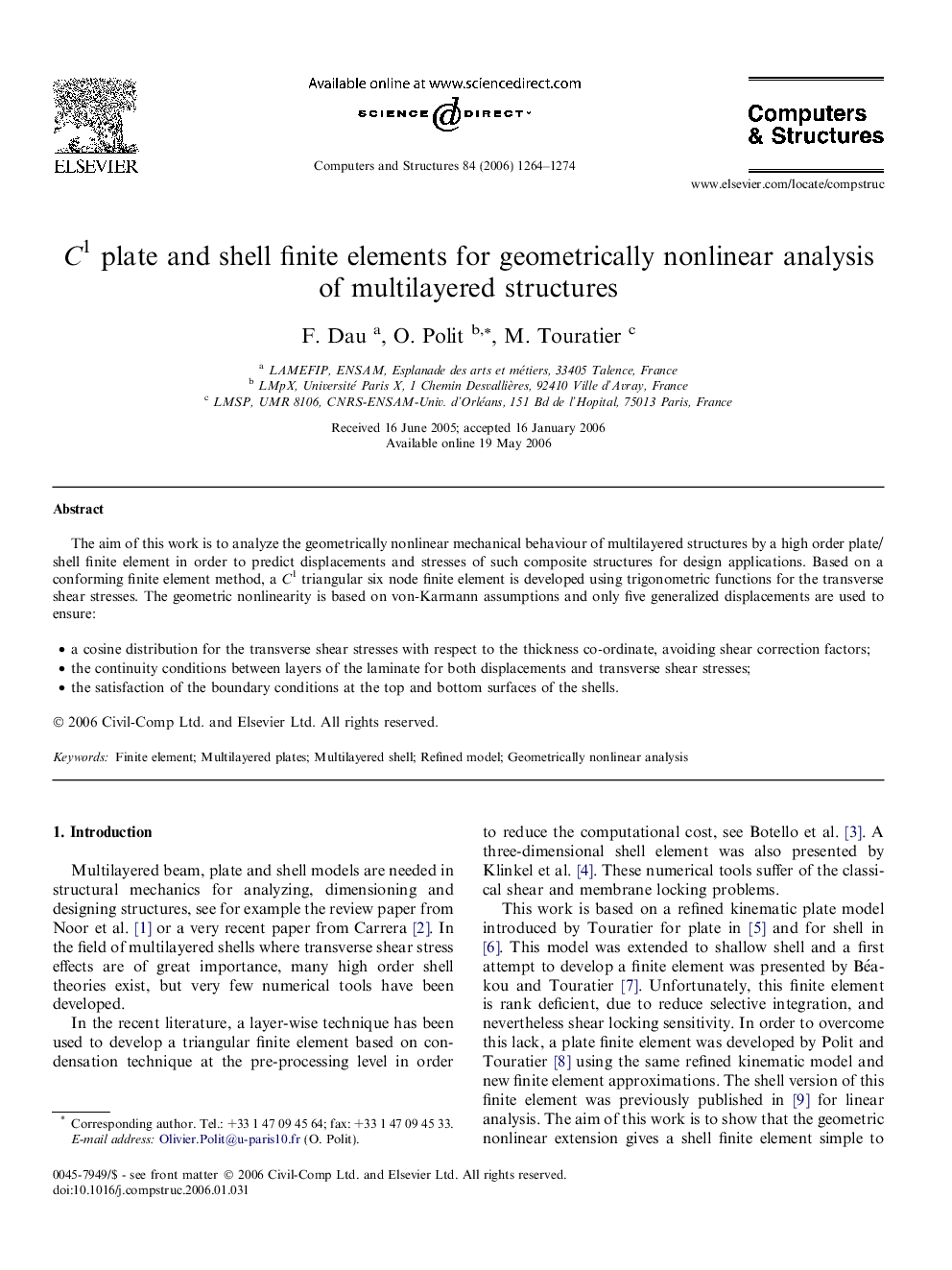 C1 plate and shell finite elements for geometrically nonlinear analysis of multilayered structures