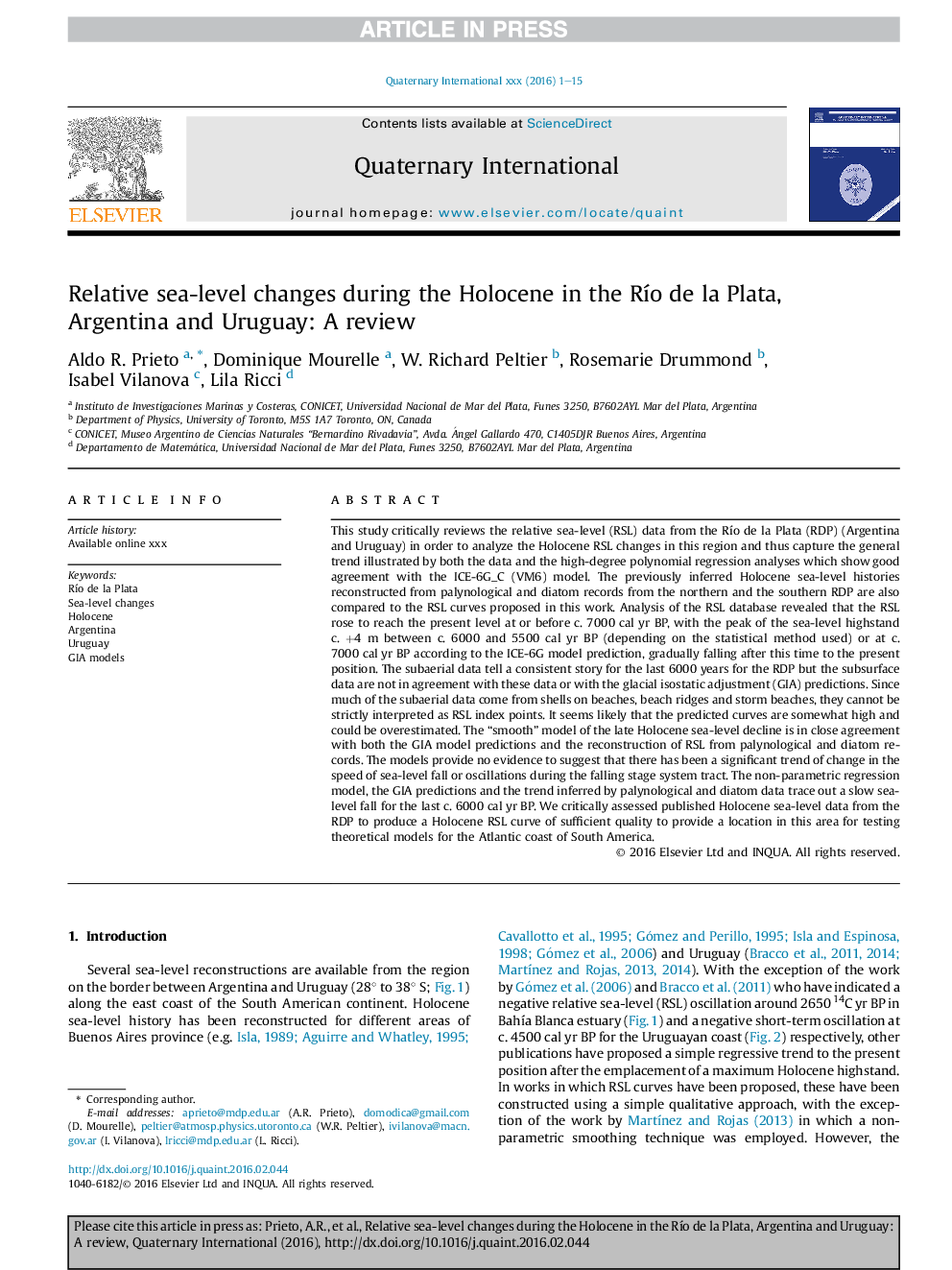 Relative sea-level changes during the Holocene in the RÃ­o de la Plata, Argentina and Uruguay: A review