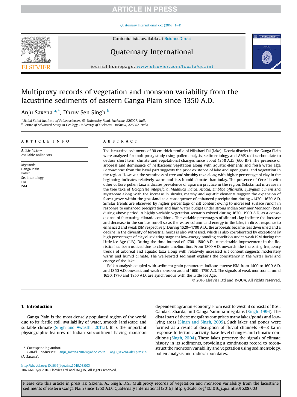 عکس صفحه اول مقاله: Multiproxy records of vegetation and monsoon variability from the lacustrine sediments of eastern Ganga Plain since 1350Â A.D. Multiproxy records of vegetation and monsoon variability from the lacustrine sediments of eastern Ganga Plain since 1350Â A.D.