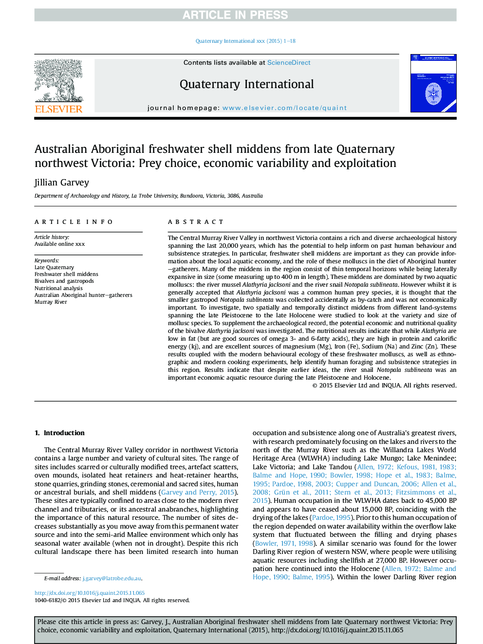 Australian Aboriginal freshwater shell middens from late Quaternary northwest Victoria: Prey choice, economic variability and exploitation