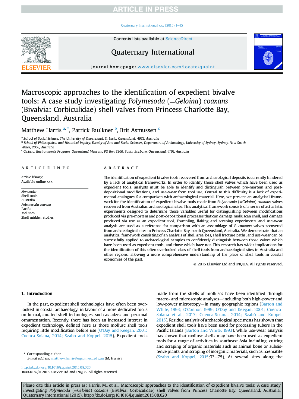 Macroscopic approaches to the identification of expedient bivalve tools: A case study investigating Polymesoda (=Geloina) coaxans (Bivalvia: Corbiculidae) shell valves from Princess Charlotte Bay, Queensland, Australia