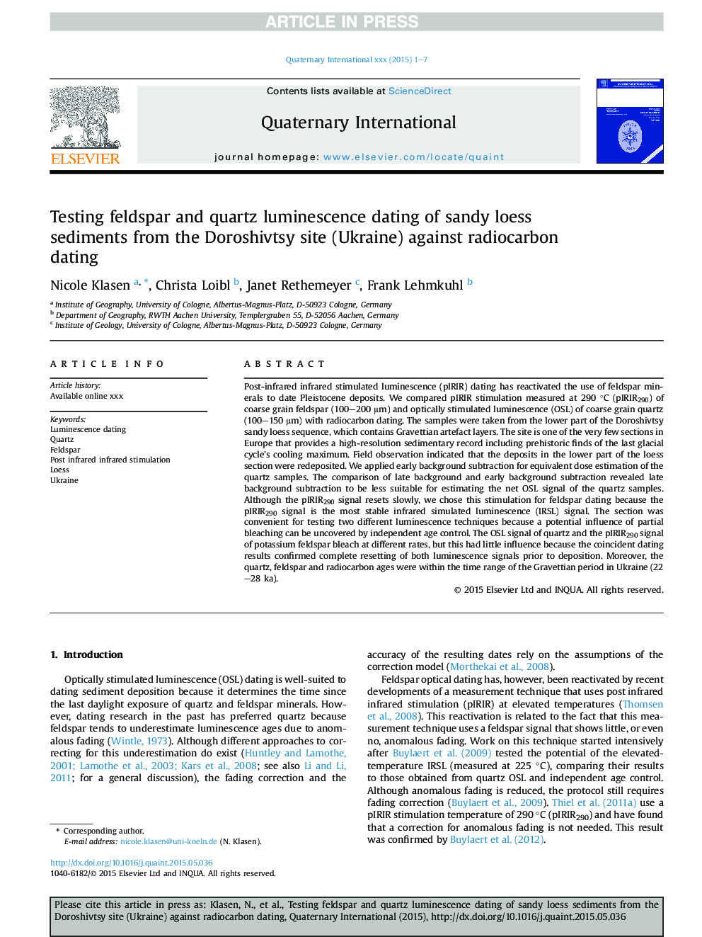 Testing feldspar and quartz luminescence dating of sandy loess sediments from the Doroshivtsy site (Ukraine) against radiocarbon dating