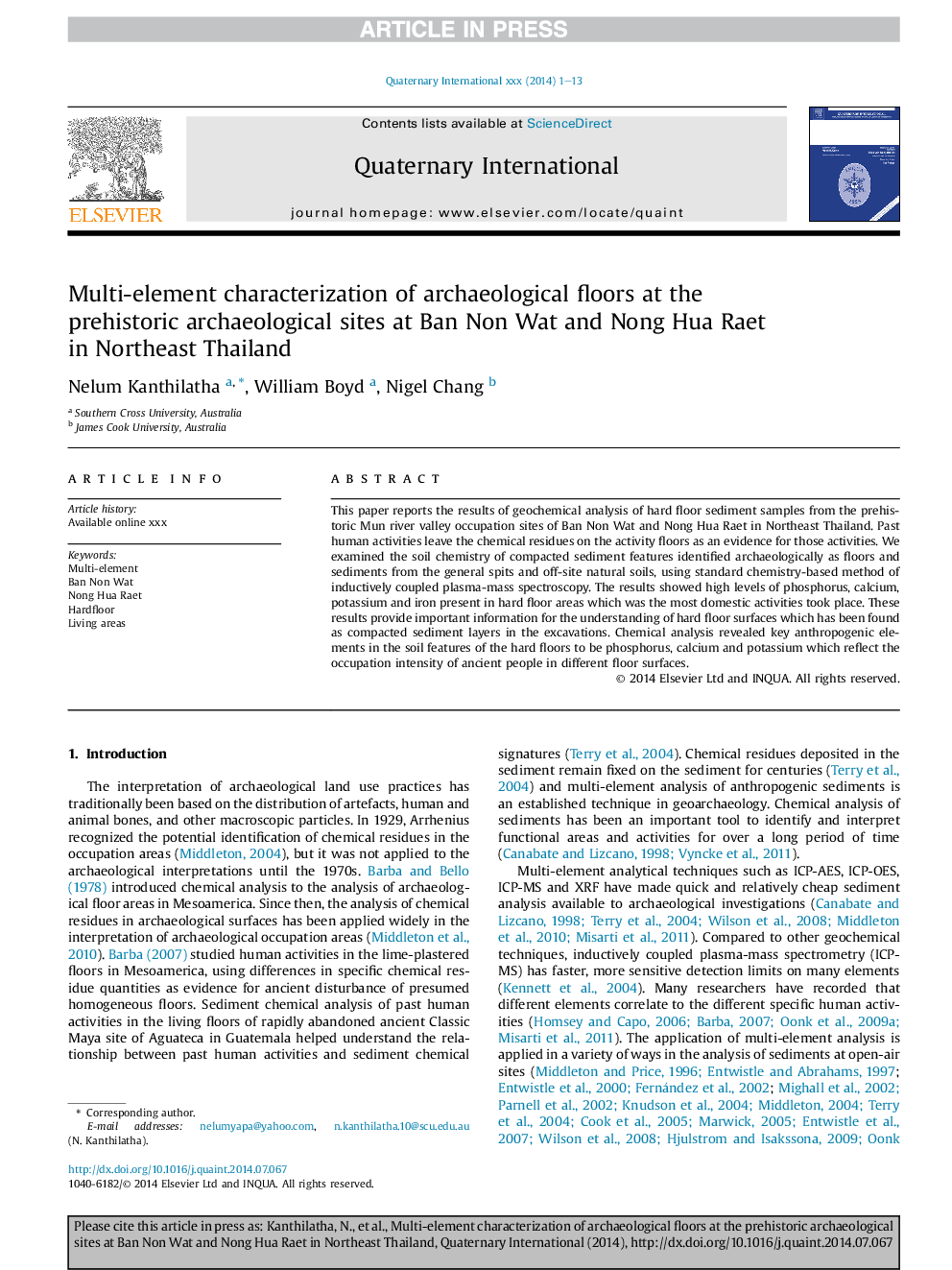 Multi-element characterization of archaeological floors at the prehistoric archaeological sites at Ban Non Wat and Nong Hua Raet in Northeast Thailand