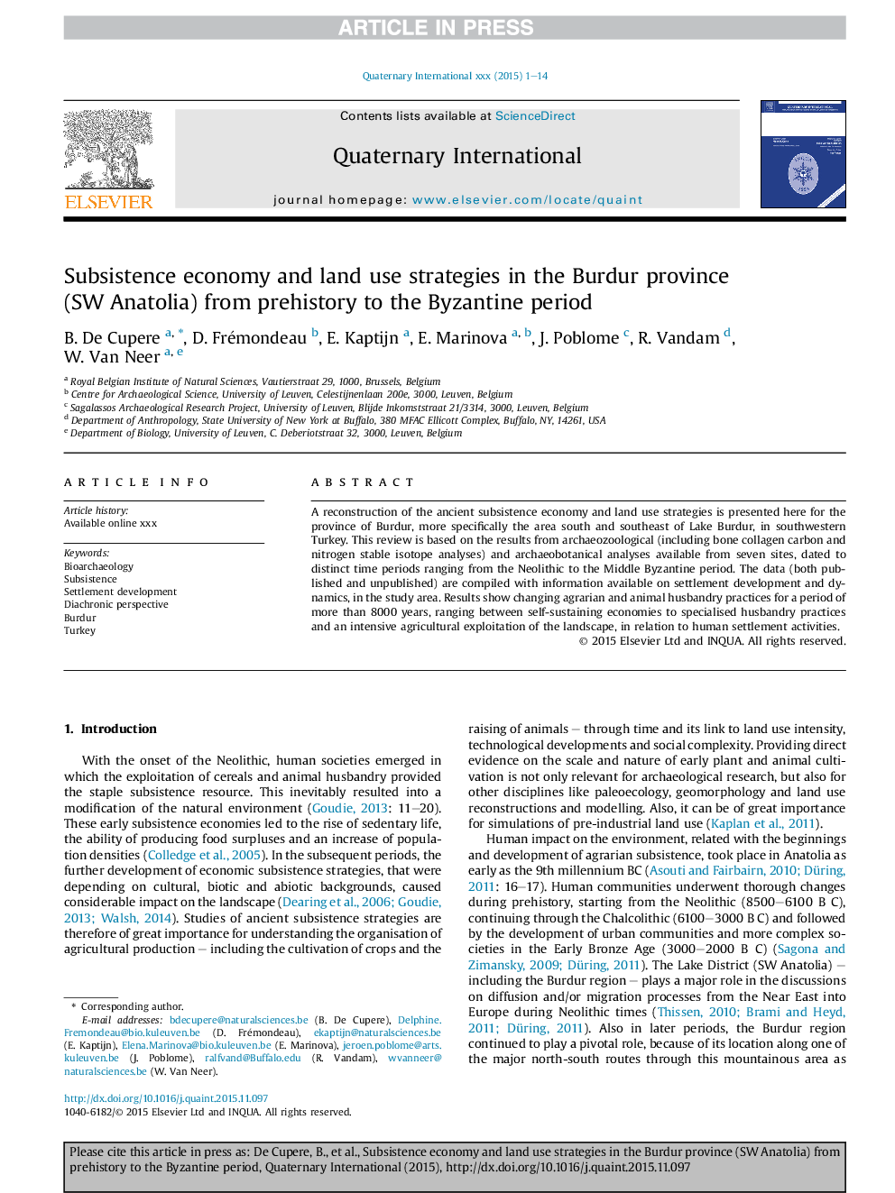 Subsistence economy and land use strategies in the Burdur province (SW Anatolia) from prehistory to the Byzantine period