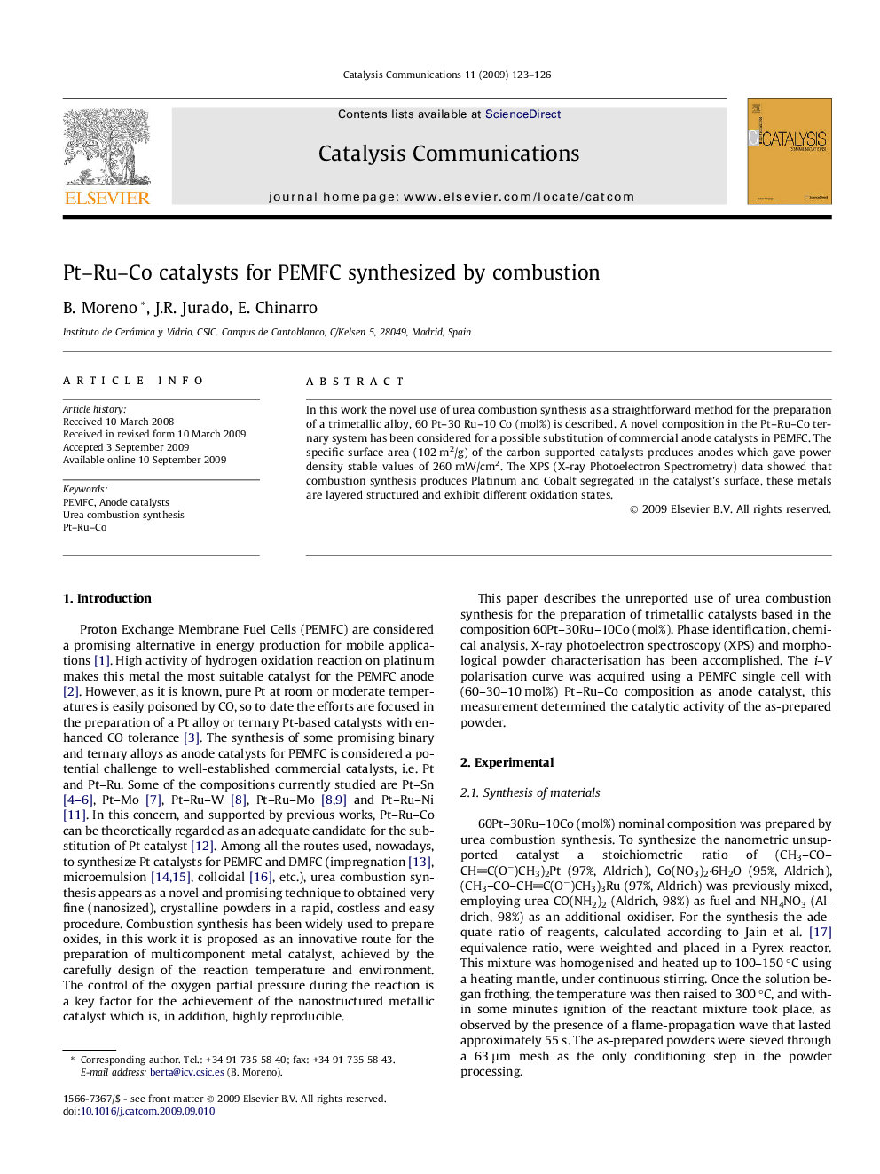 Pt–Ru–Co catalysts for PEMFC synthesized by combustion