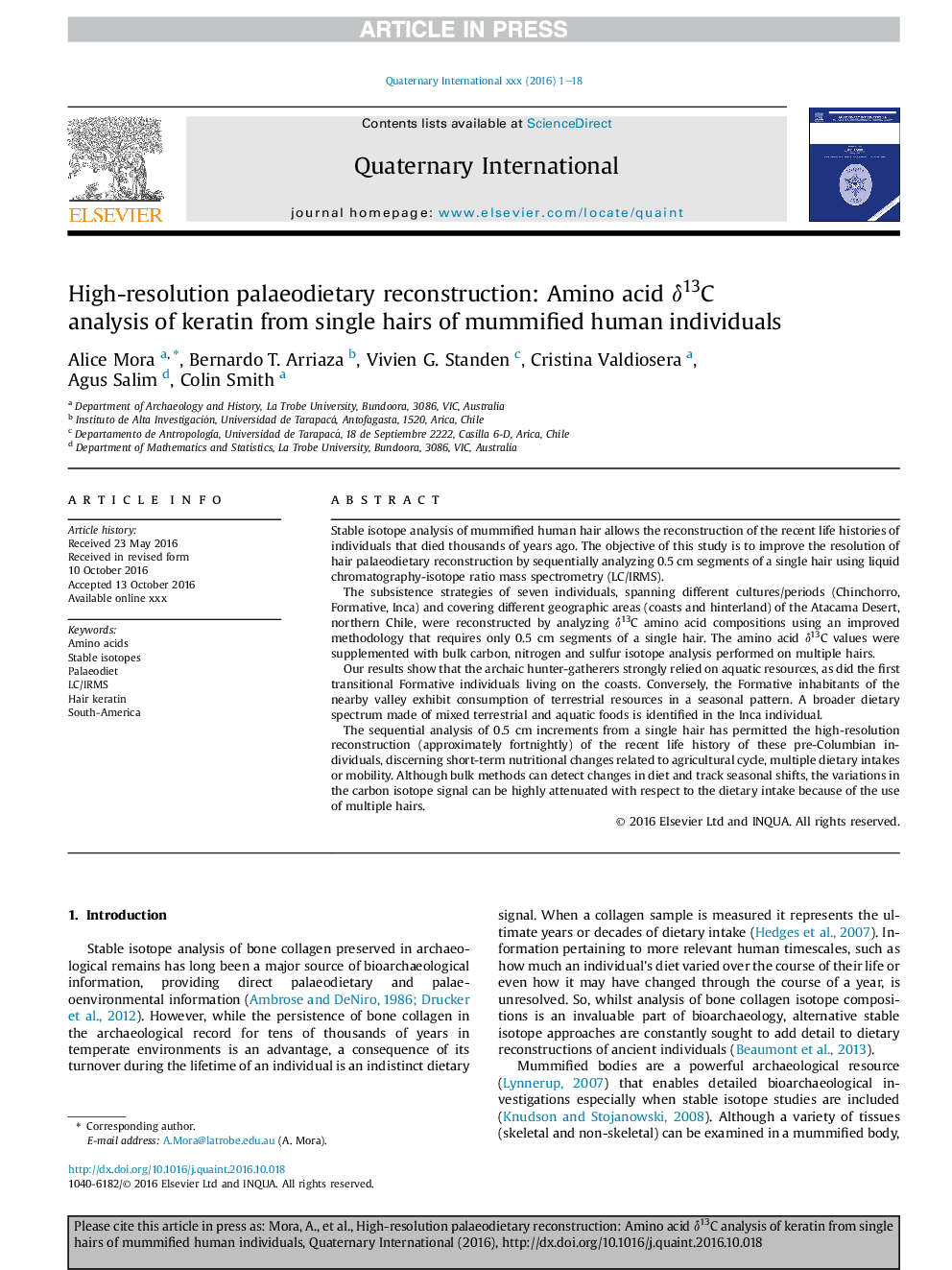 عکس صفحه اول مقاله: High-resolution palaeodietary reconstruction: Amino acid δ13C analysis of keratin from single hairs of mummified human individuals High-resolution palaeodietary reconstruction: Amino acid δ13C analysis of keratin from single hairs of mummified human individuals