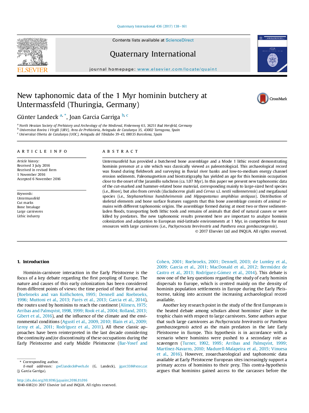 New taphonomic data of the 1 Myr hominin butchery at Untermassfeld (Thuringia, Germany)