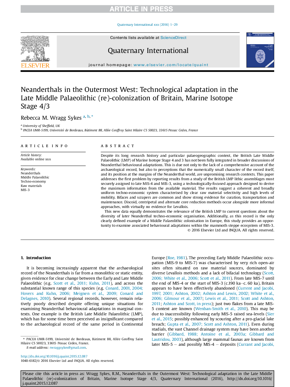 Neanderthals in the Outermost West: Technological adaptation in the Late Middle Palaeolithic (re)-colonization of Britain, Marine Isotope Stage 4/3