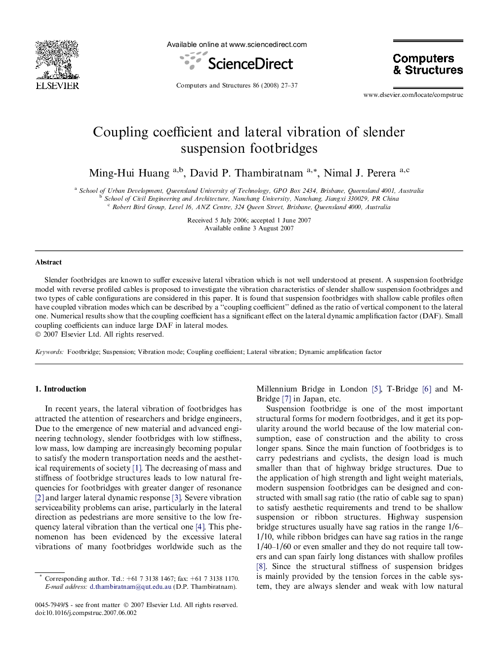 Coupling coefficient and lateral vibration of slender suspension footbridges