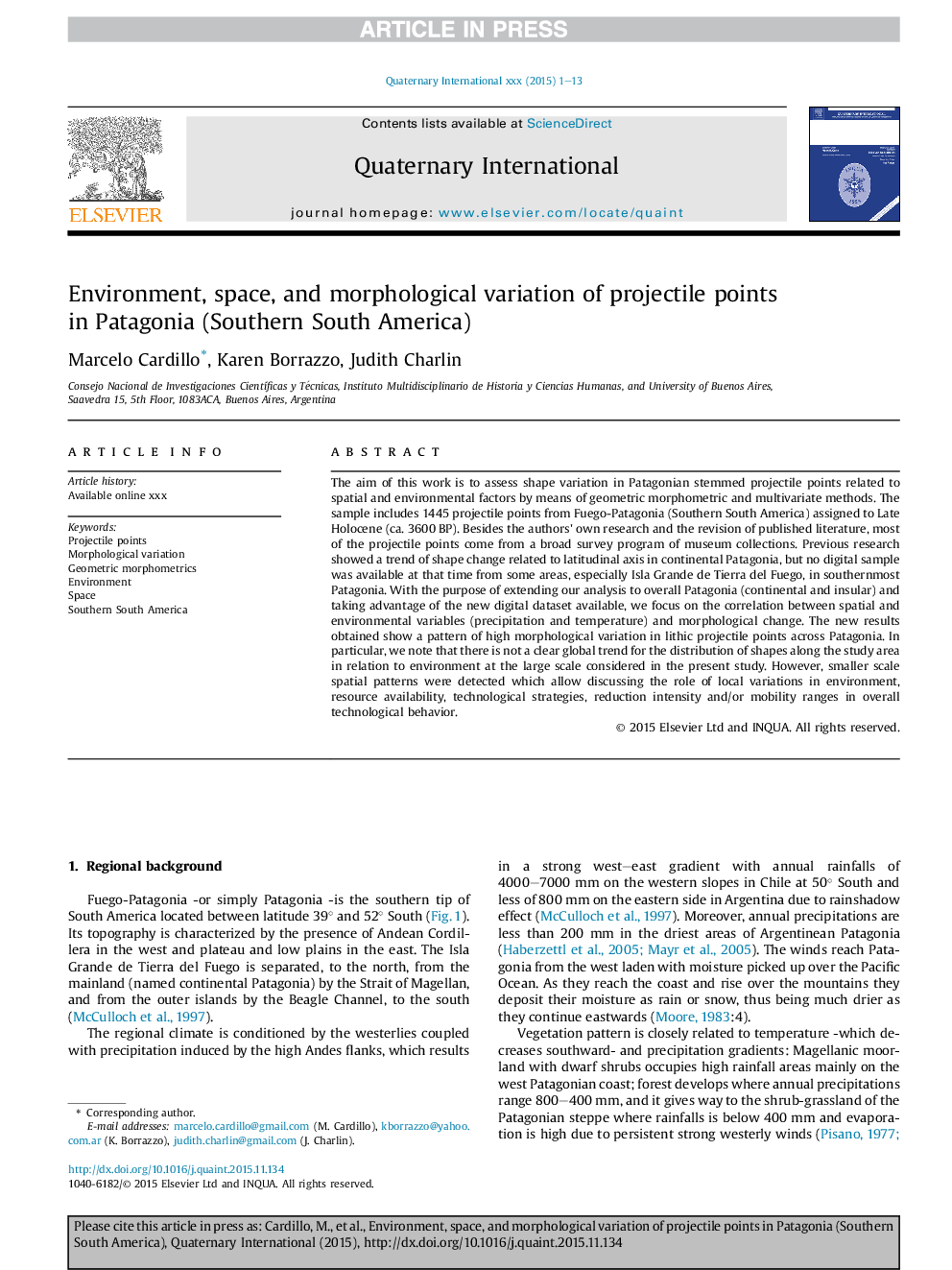 Environment, space, and morphological variation of projectile points in Patagonia (Southern South America)