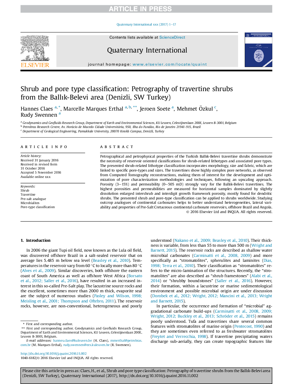 Shrub and pore type classification: Petrography of travertine shrubs from the BallÄ±k-Belevi area (Denizli, SW Turkey)