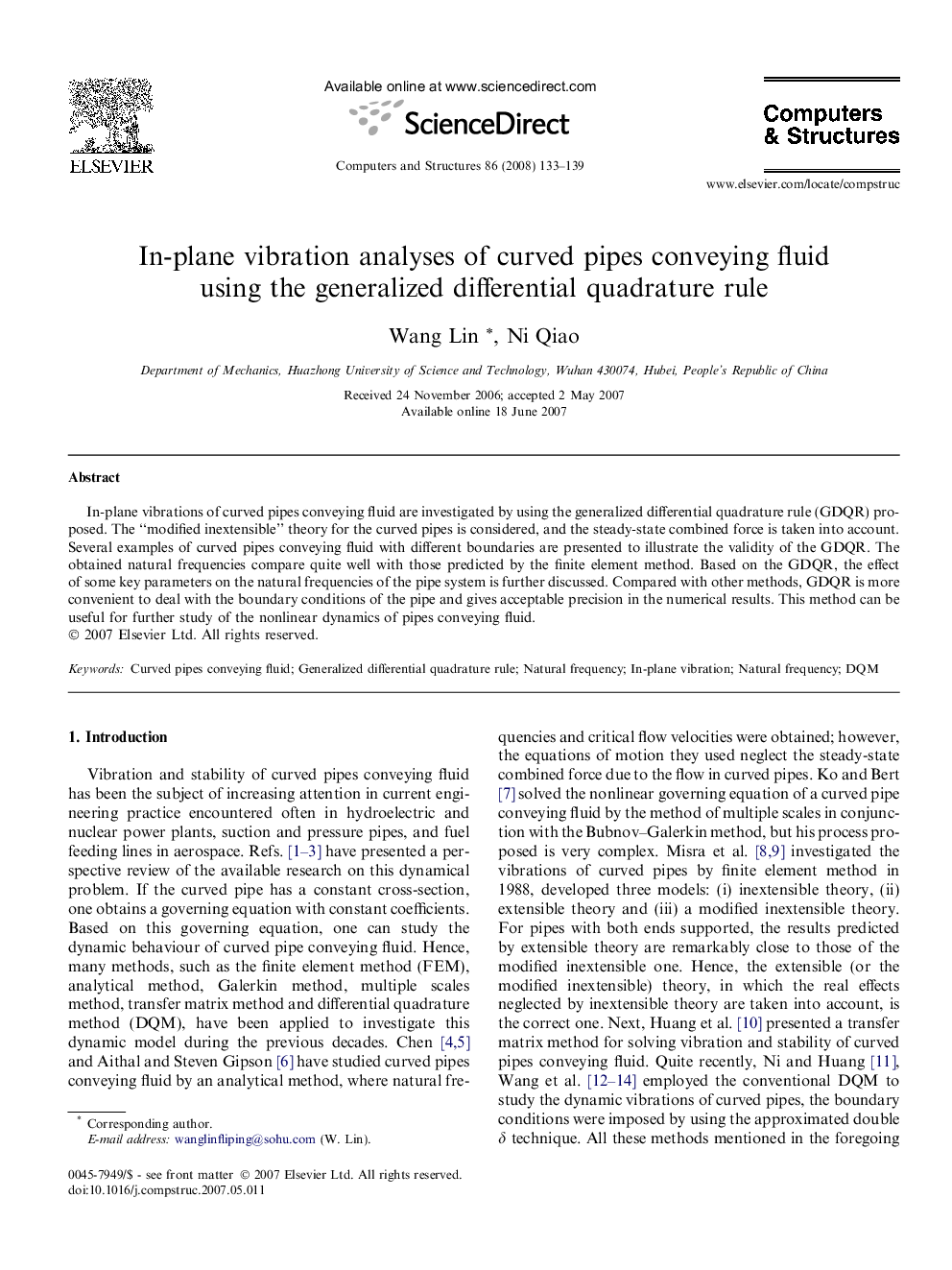 In-plane vibration analyses of curved pipes conveying fluid using the generalized differential quadrature rule