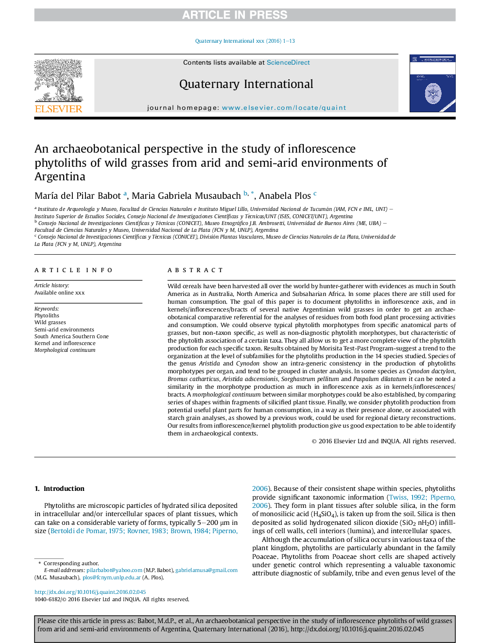 An archaeobotanical perspective in the study of inflorescence phytoliths of wild grasses from arid and semi-arid environments of Argentina