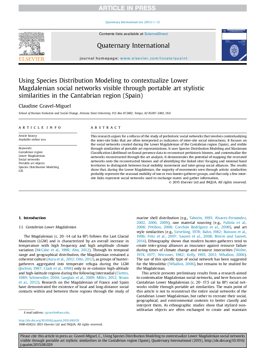 Using Species Distribution Modeling to contextualize Lower Magdalenian social networks visible through portable art stylistic similarities in the Cantabrian region (Spain)