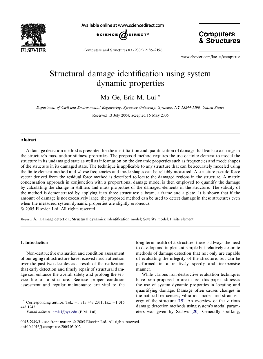 Structural damage identification using system dynamic properties