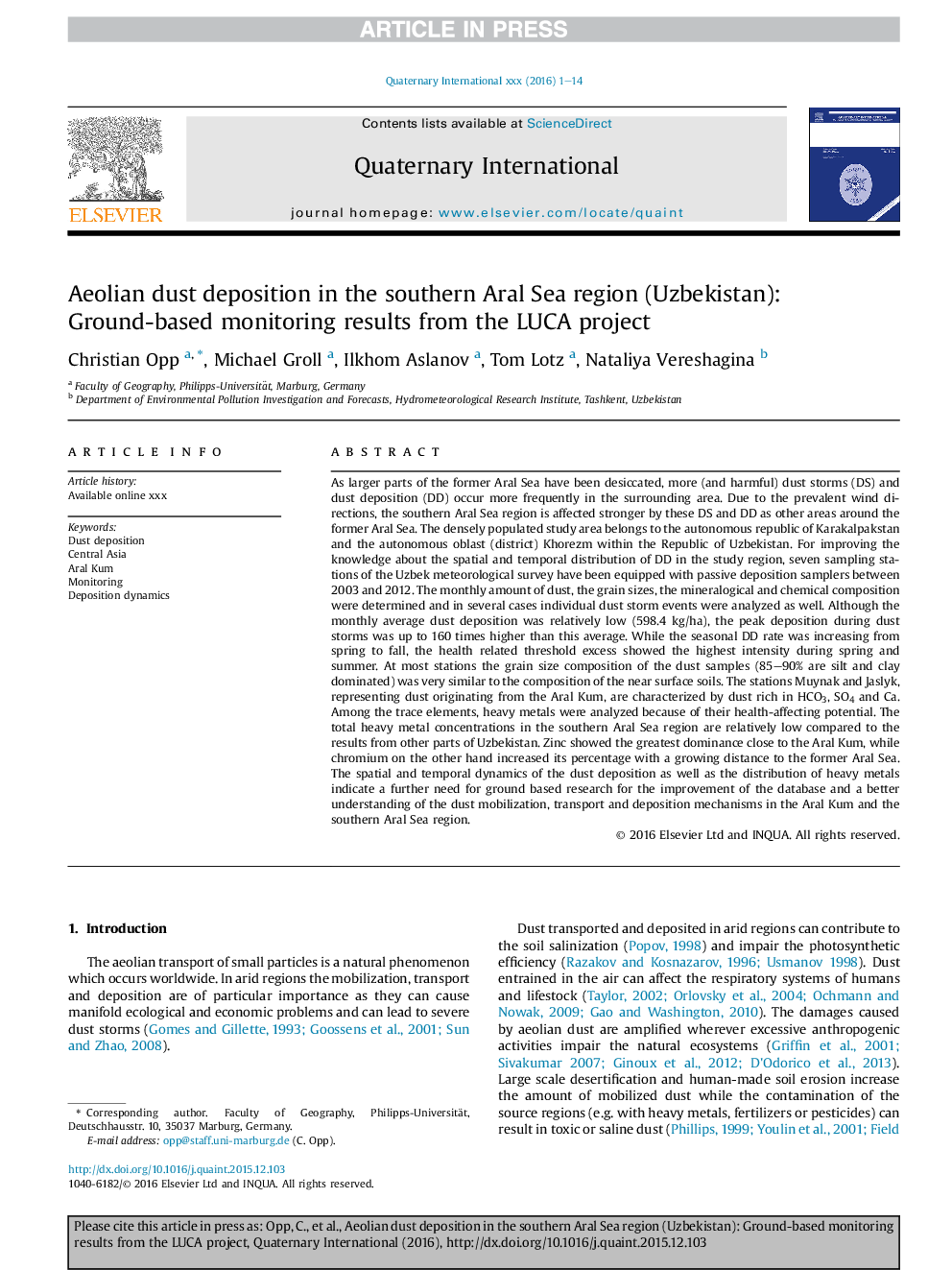 Aeolian dust deposition in the southern Aral Sea region (Uzbekistan): Ground-based monitoring results from the LUCA project