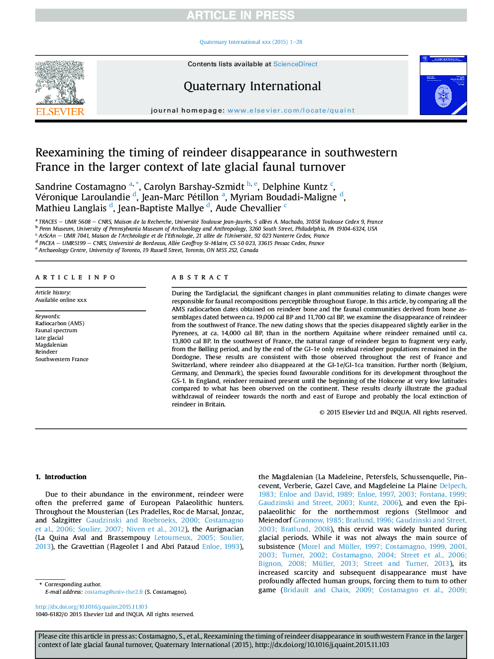 Reexamining the timing of reindeer disappearance in southwestern France in the larger context of late glacial faunal turnover