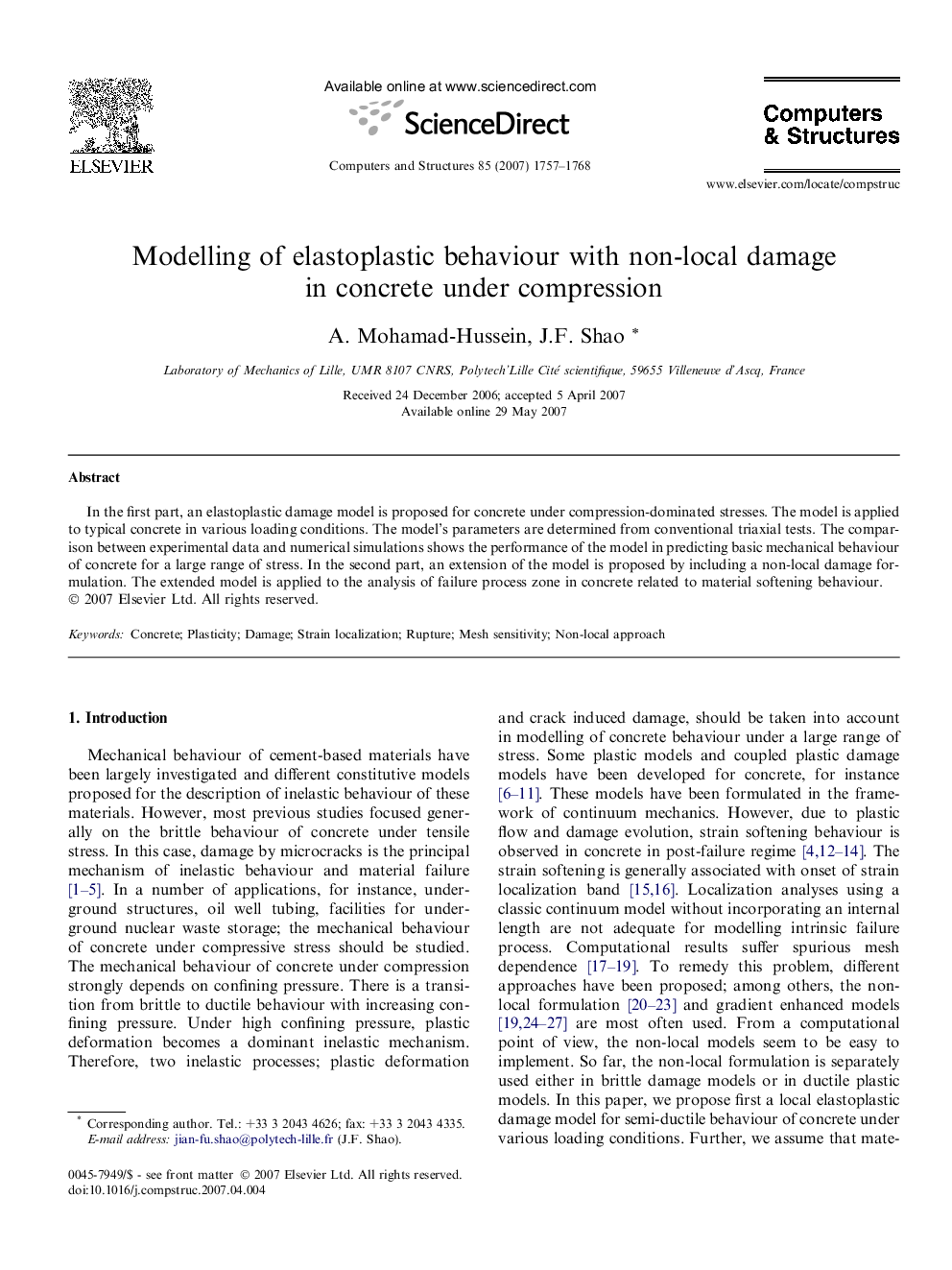 Modelling of elastoplastic behaviour with non-local damage in concrete under compression